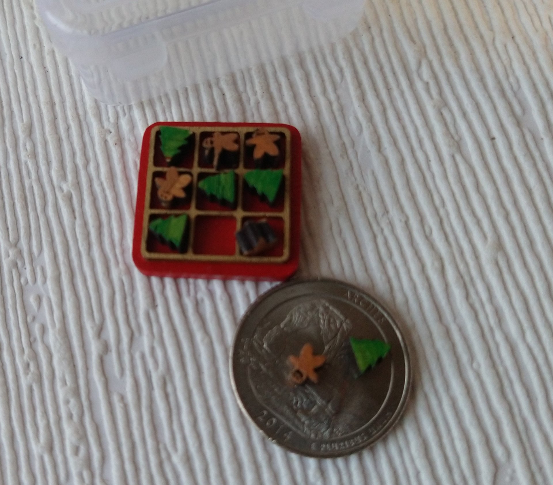 1:12 dollhouse holiday tic tac toe in wood tray Miniature tic tac toy with Christmas trees and gingerbread men cutouts Price is for each set