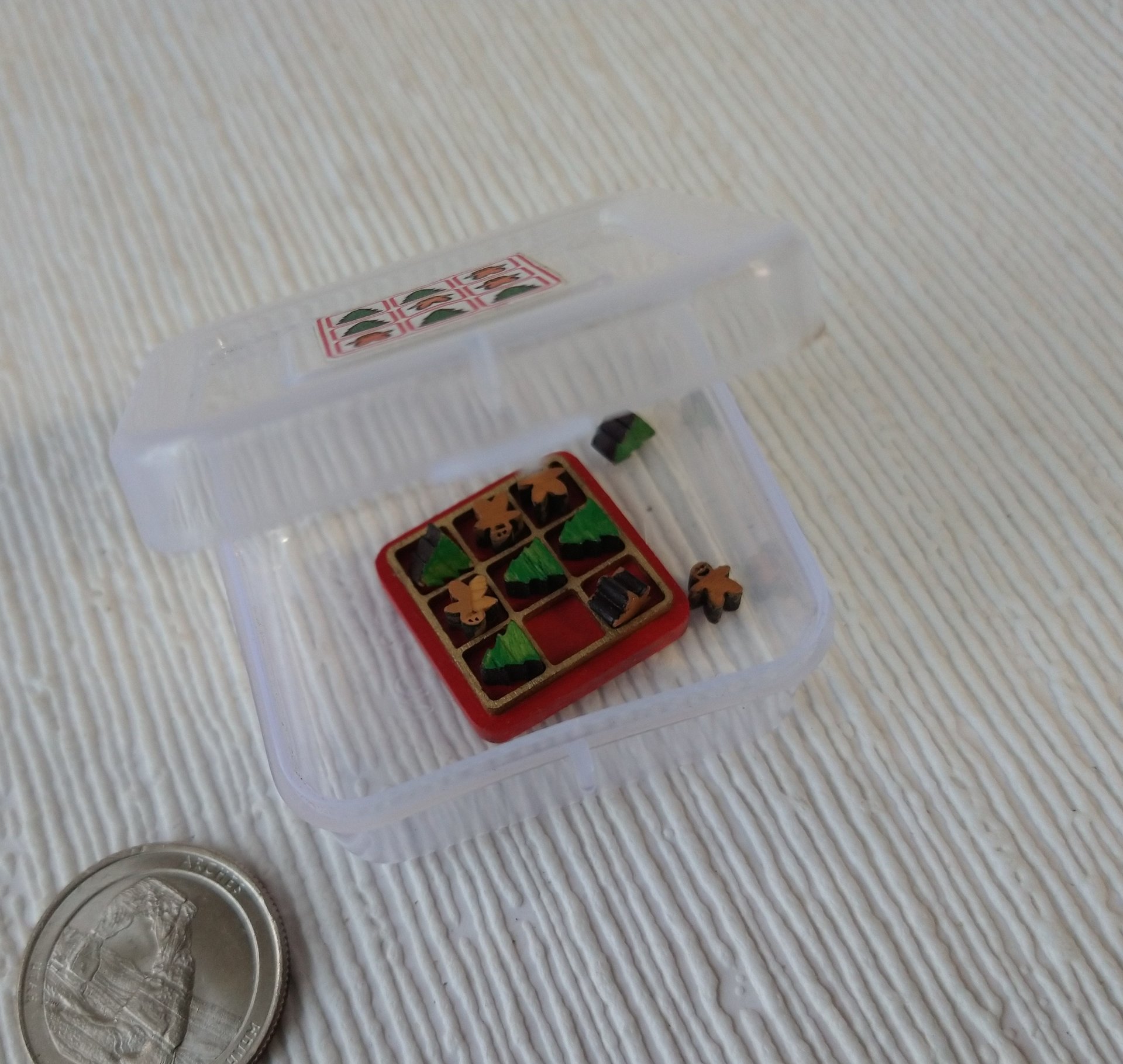 1:12 dollhouse holiday tic tac toe in wood tray Miniature tic tac toy with Christmas trees and gingerbread men cutouts Price is for each set