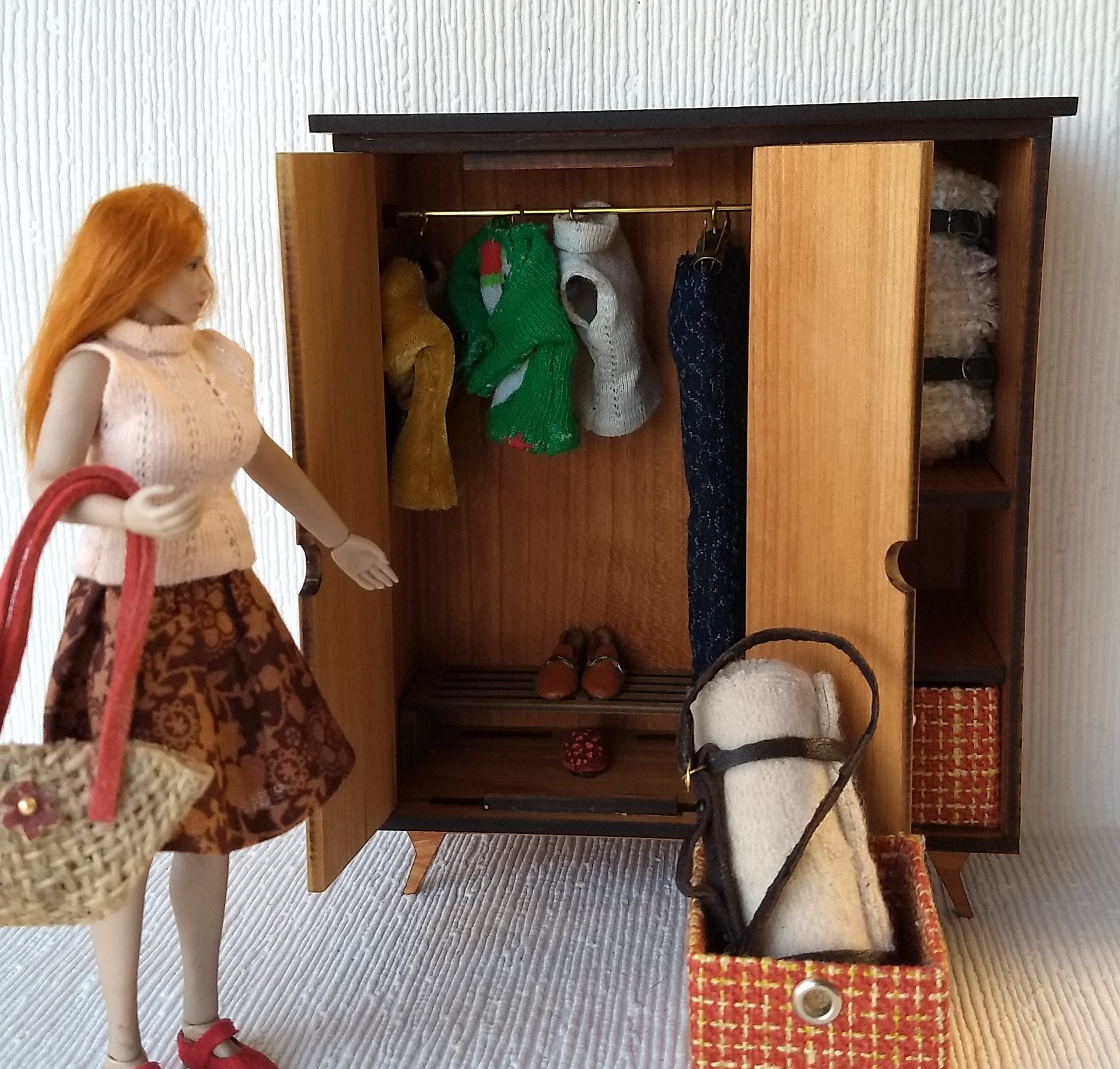 1:12 Dollhouse mid-century style wardrobe in cherry plywood MCM armoire comes with two removable fabric covered storage bins and 2 walnut hangers
