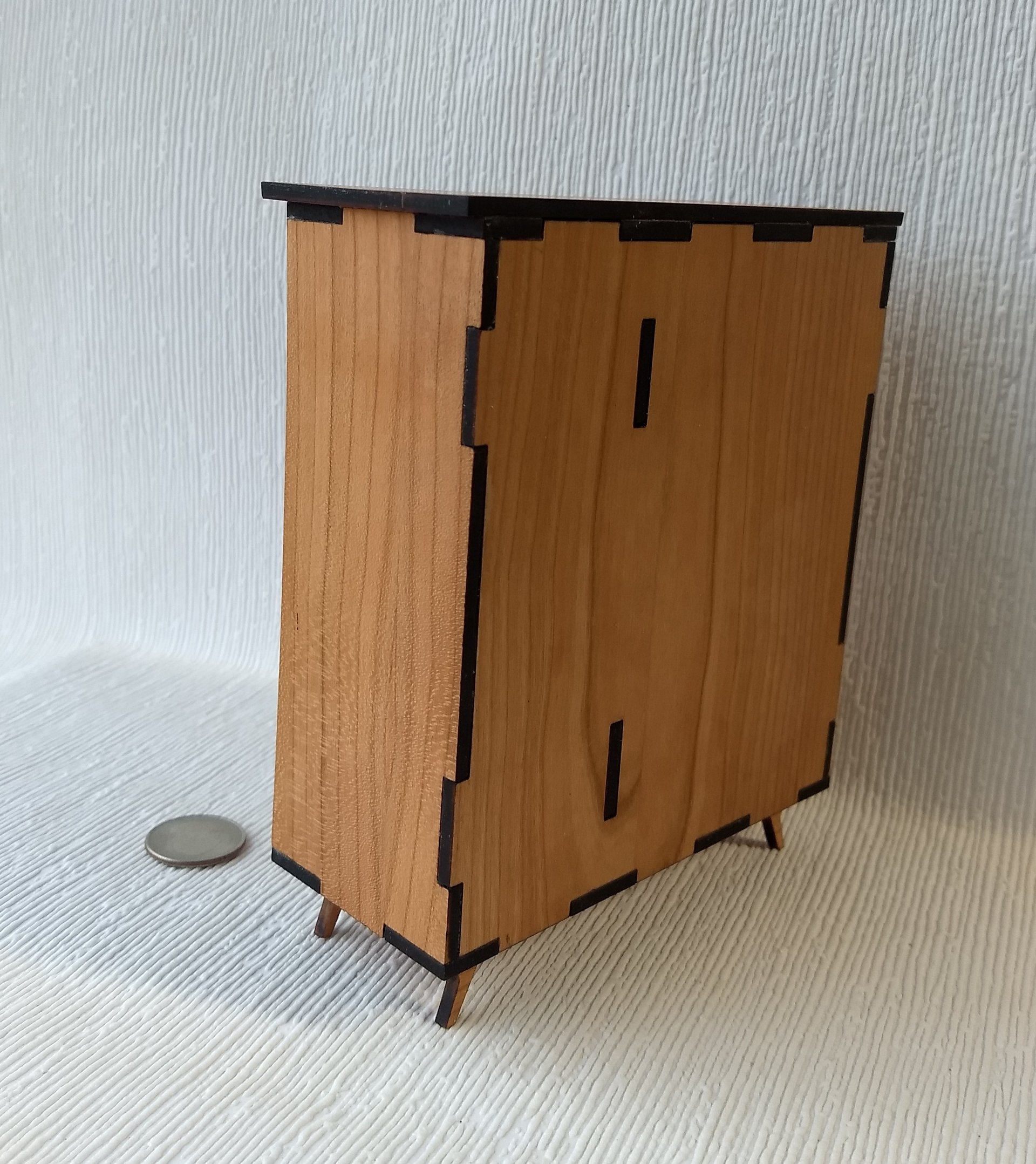 1:12 Dollhouse mid-century style wardrobe in cherry plywood MCM armoire comes with two removable fabric covered storage bins and 2 walnut hangers