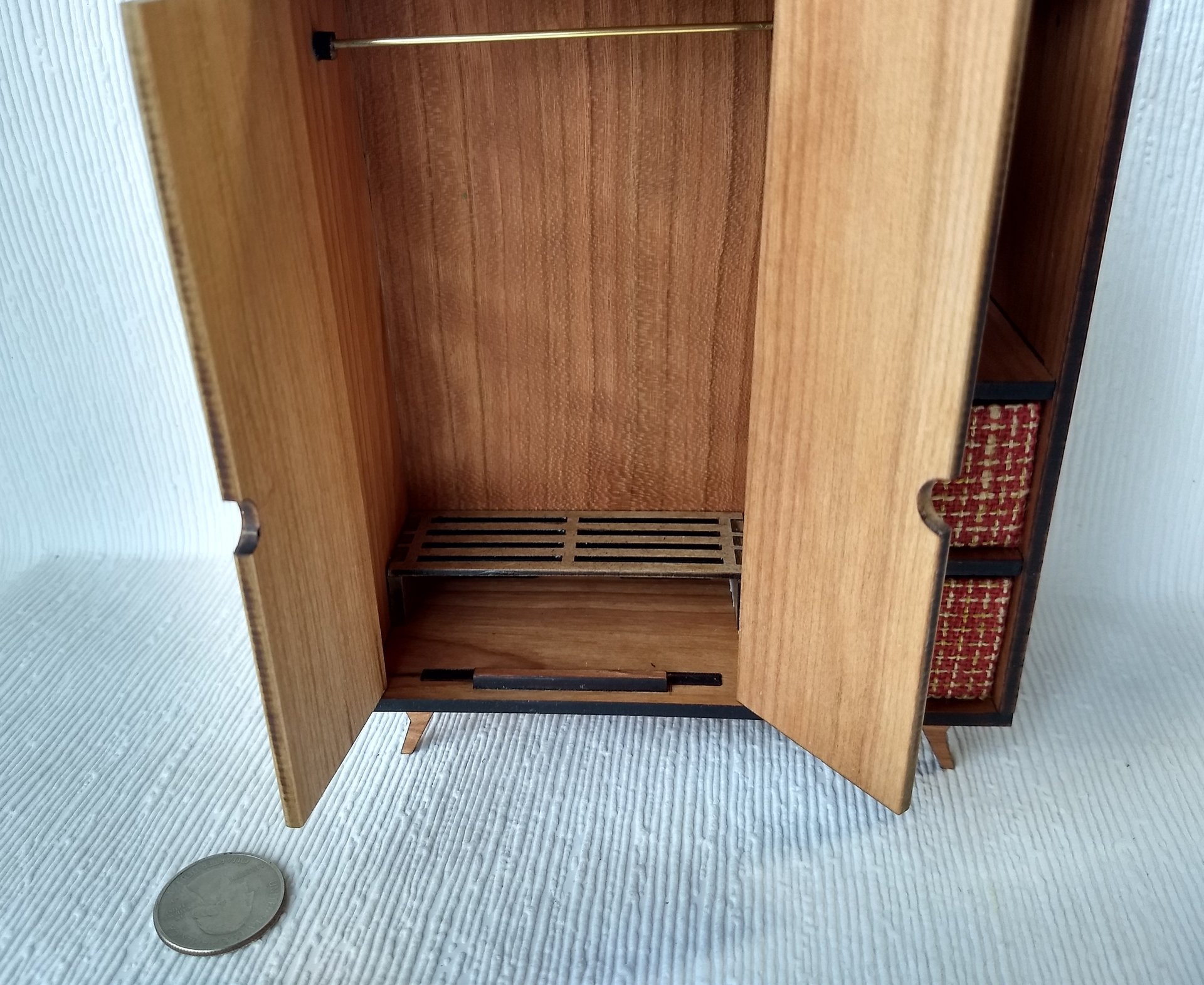 1:12 Dollhouse mid-century style wardrobe in cherry plywood MCM armoire comes with two removable fabric covered storage bins and 2 walnut hangers