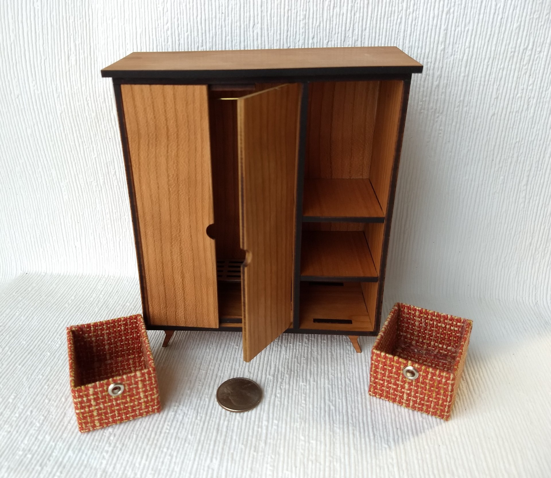 1:12 Dollhouse mid-century style wardrobe in cherry plywood MCM armoire comes with two removable fabric covered storage bins and 2 walnut hangers