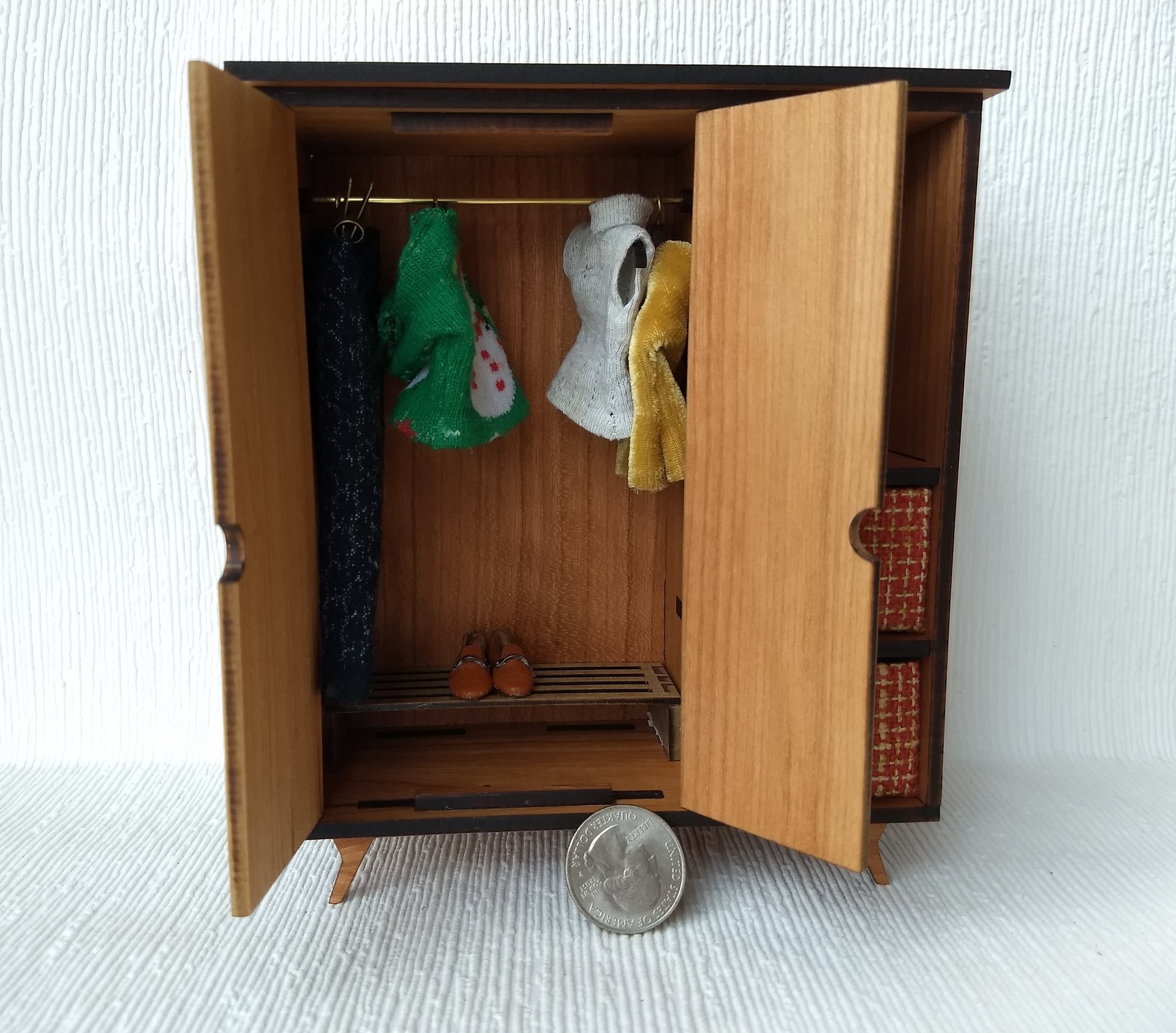 1:12 Dollhouse mid-century style wardrobe in cherry plywood MCM armoire comes with two removable fabric covered storage bins and 2 walnut hangers