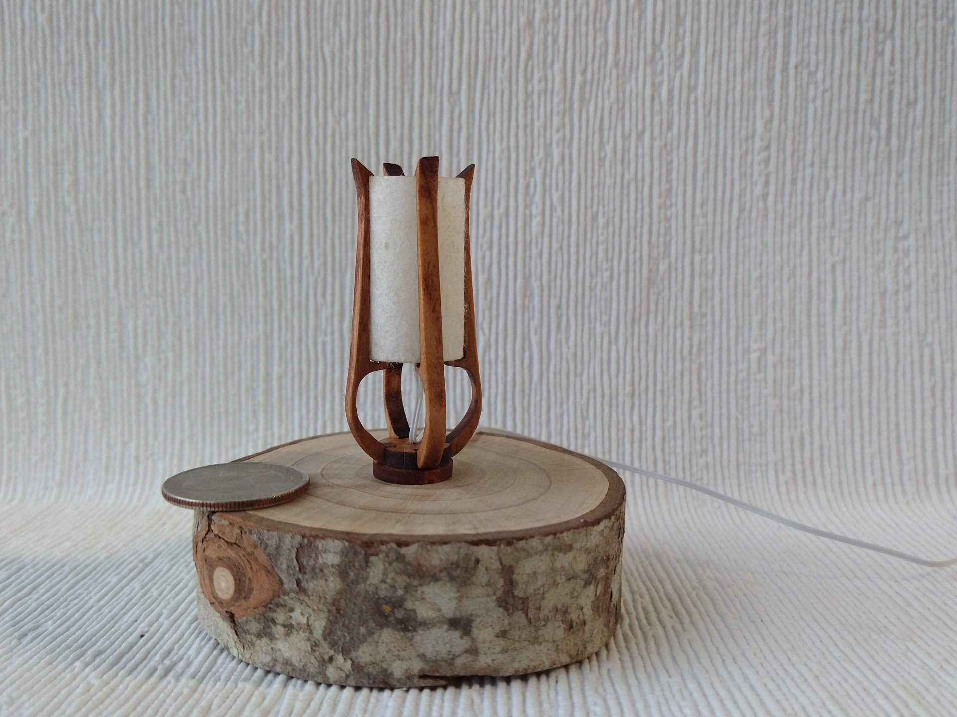 1:12 dollhouse miniature mid-century styled table lamp with sculptural frame made from solid cherry wood Battery operated LED light