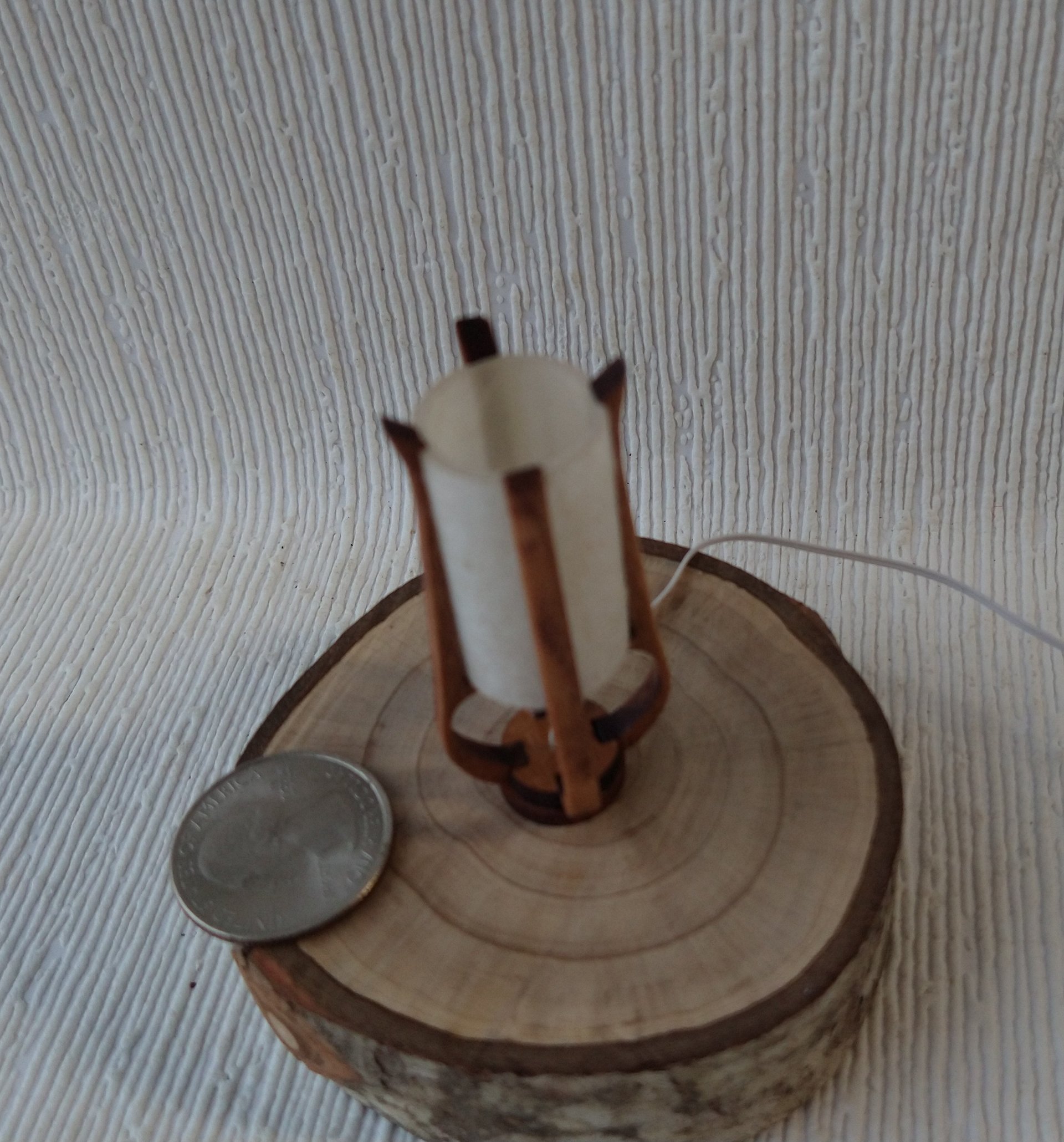 1:12 dollhouse miniature mid-century styled table lamp with sculptural frame made from solid cherry wood Battery operated LED light