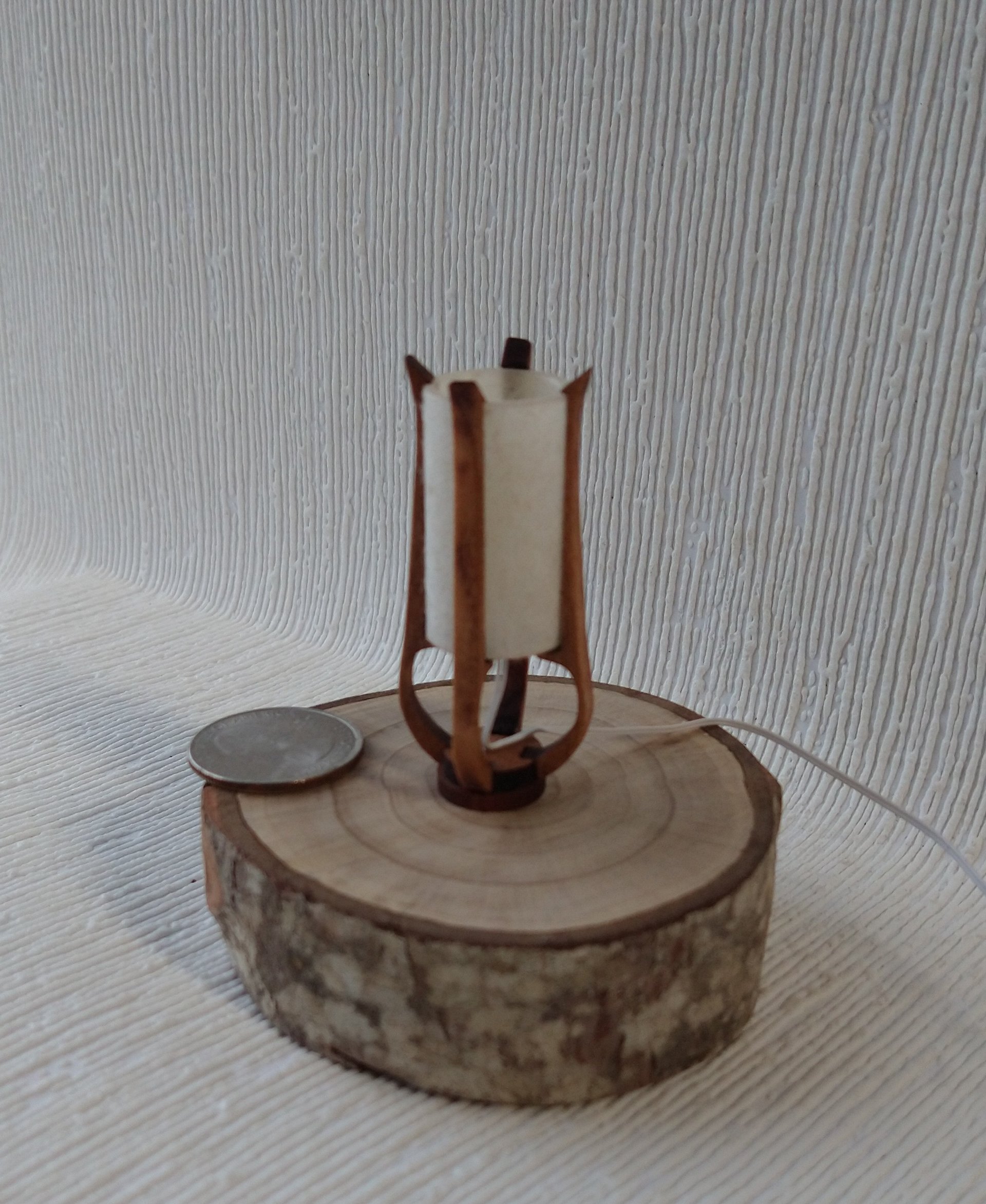 1:12 dollhouse miniature mid-century styled table lamp with sculptural frame made from solid cherry wood Battery operated LED light