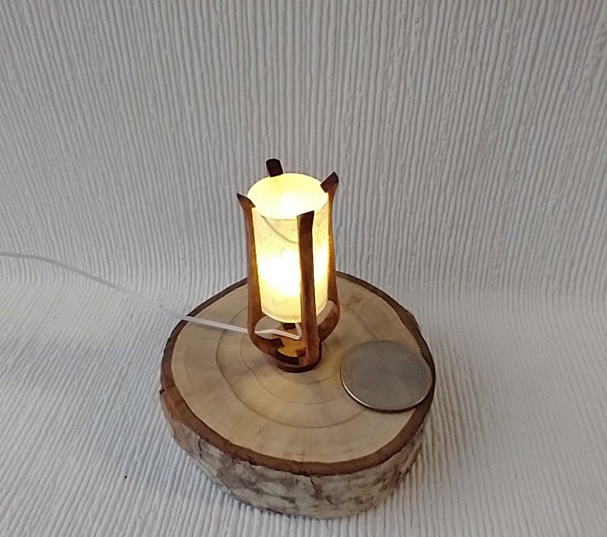1:12 dollhouse miniature mid-century styled table lamp with sculptural frame made from solid cherry wood Battery operated LED light