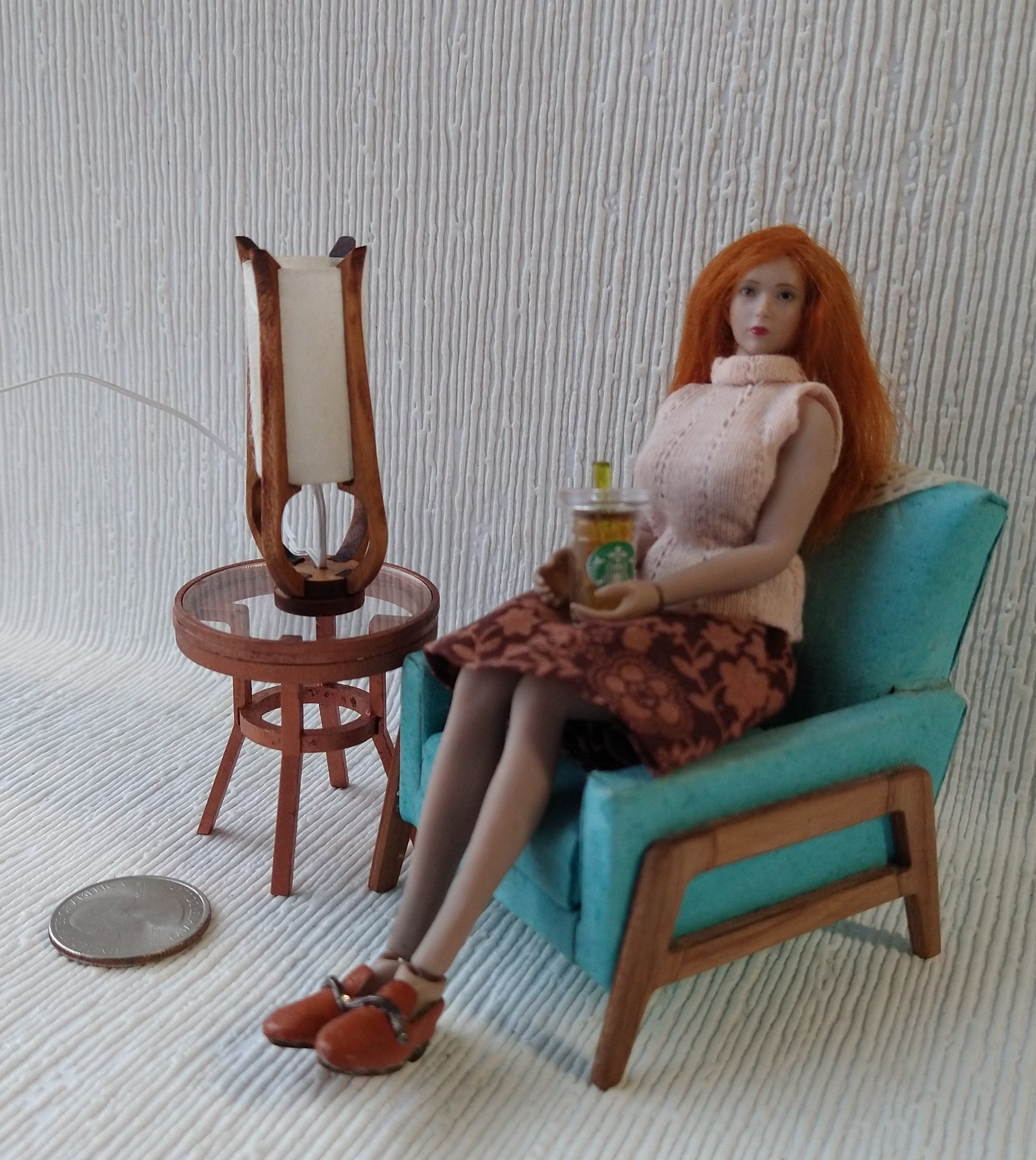 1:12 dollhouse miniature mid-century styled table lamp with sculptural frame made from solid cherry wood Battery operated LED light