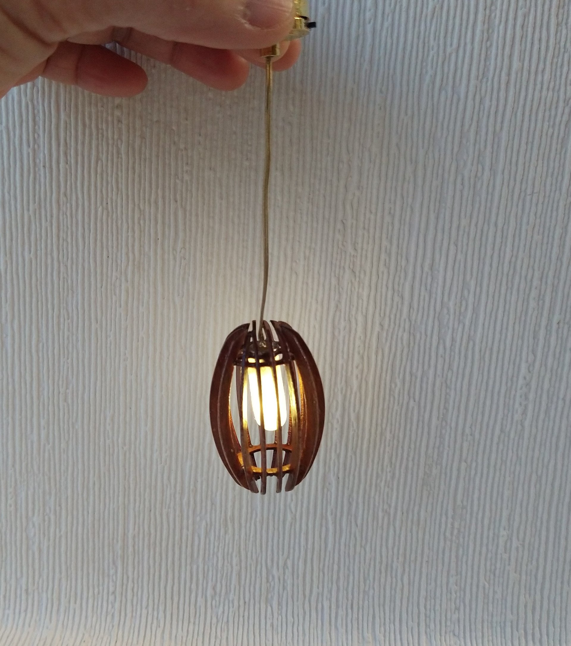 1:12 dollhouse battery operated walnut chandelier Mid century inspired oval shaped ceiling light