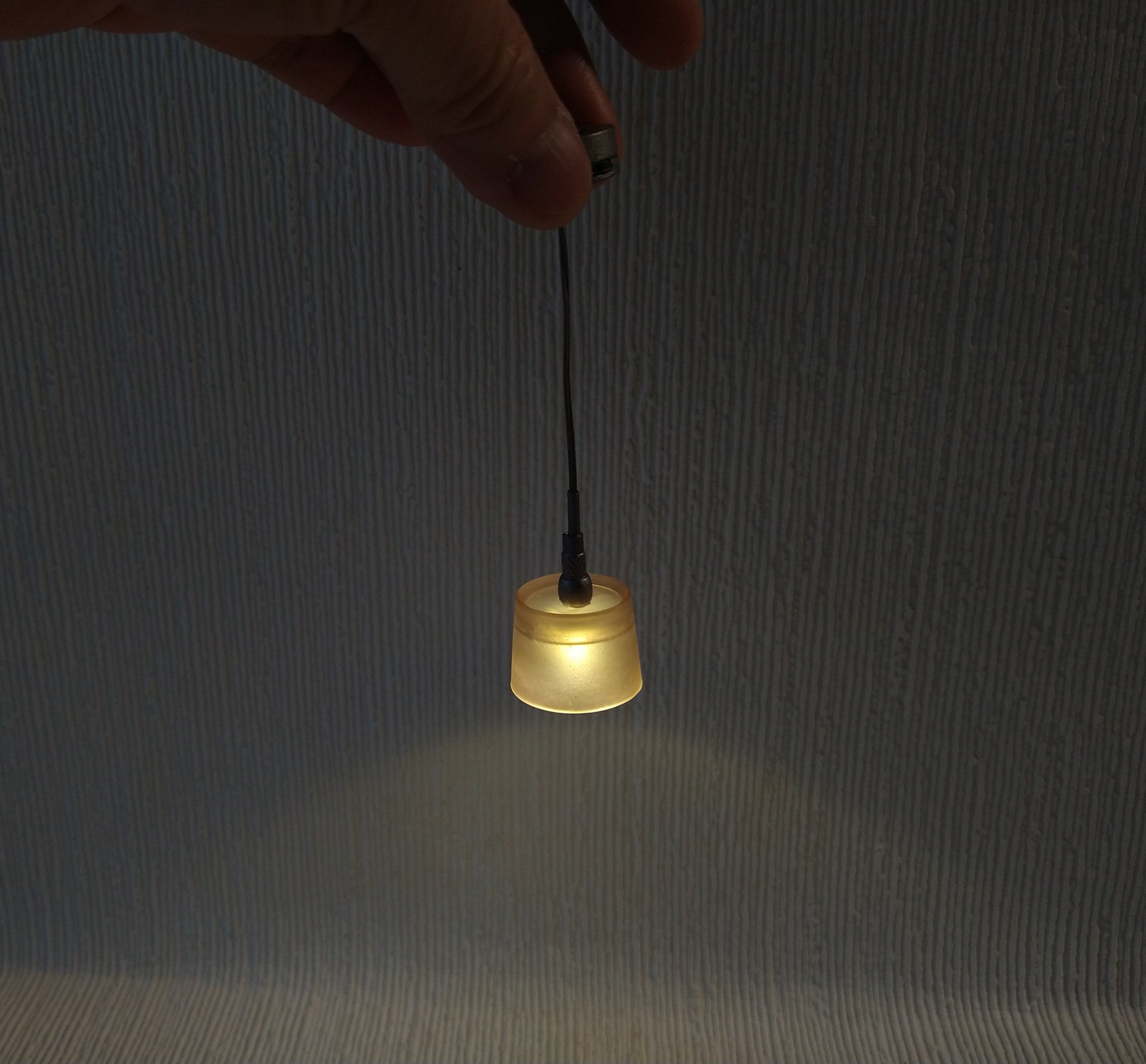 1:12 dollhouse battery operated pendant light with frosted shade and gun metal colored canopy and hardware