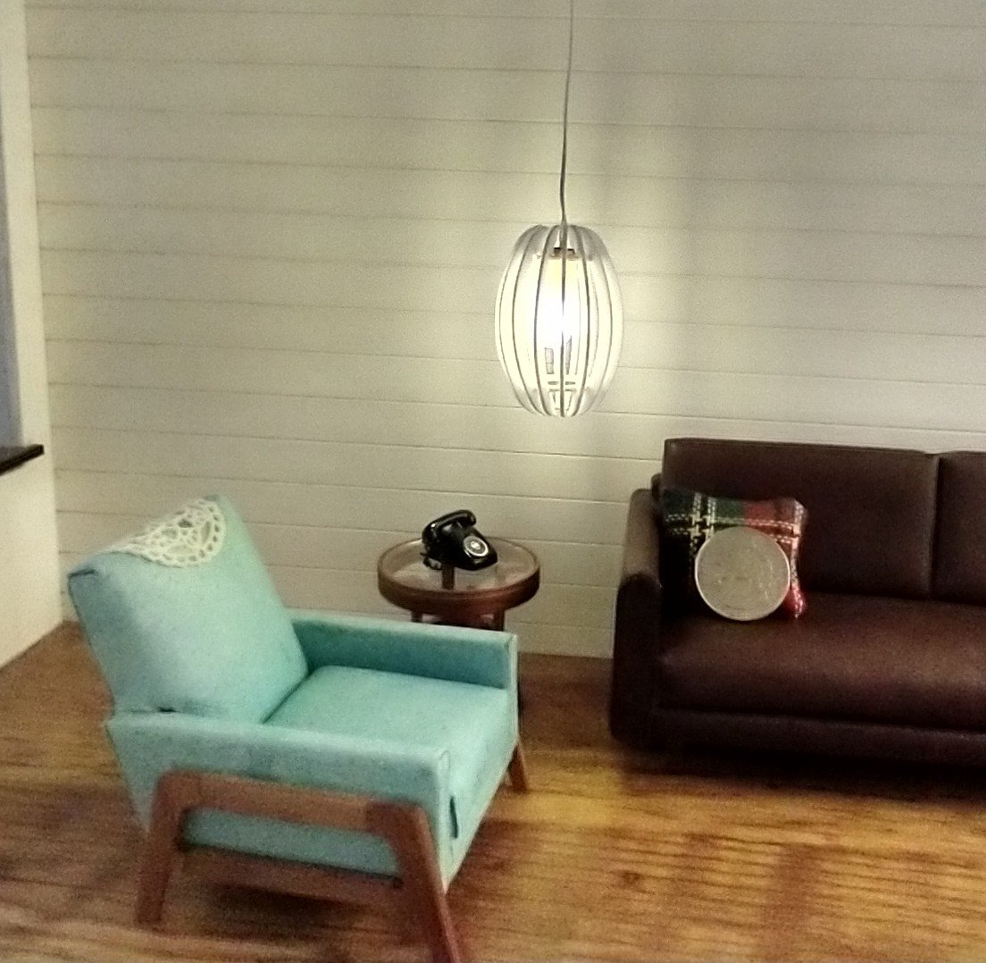 1:12 dollhouse battery operated white chandelier Mid century inspired oval shaped ceiling light