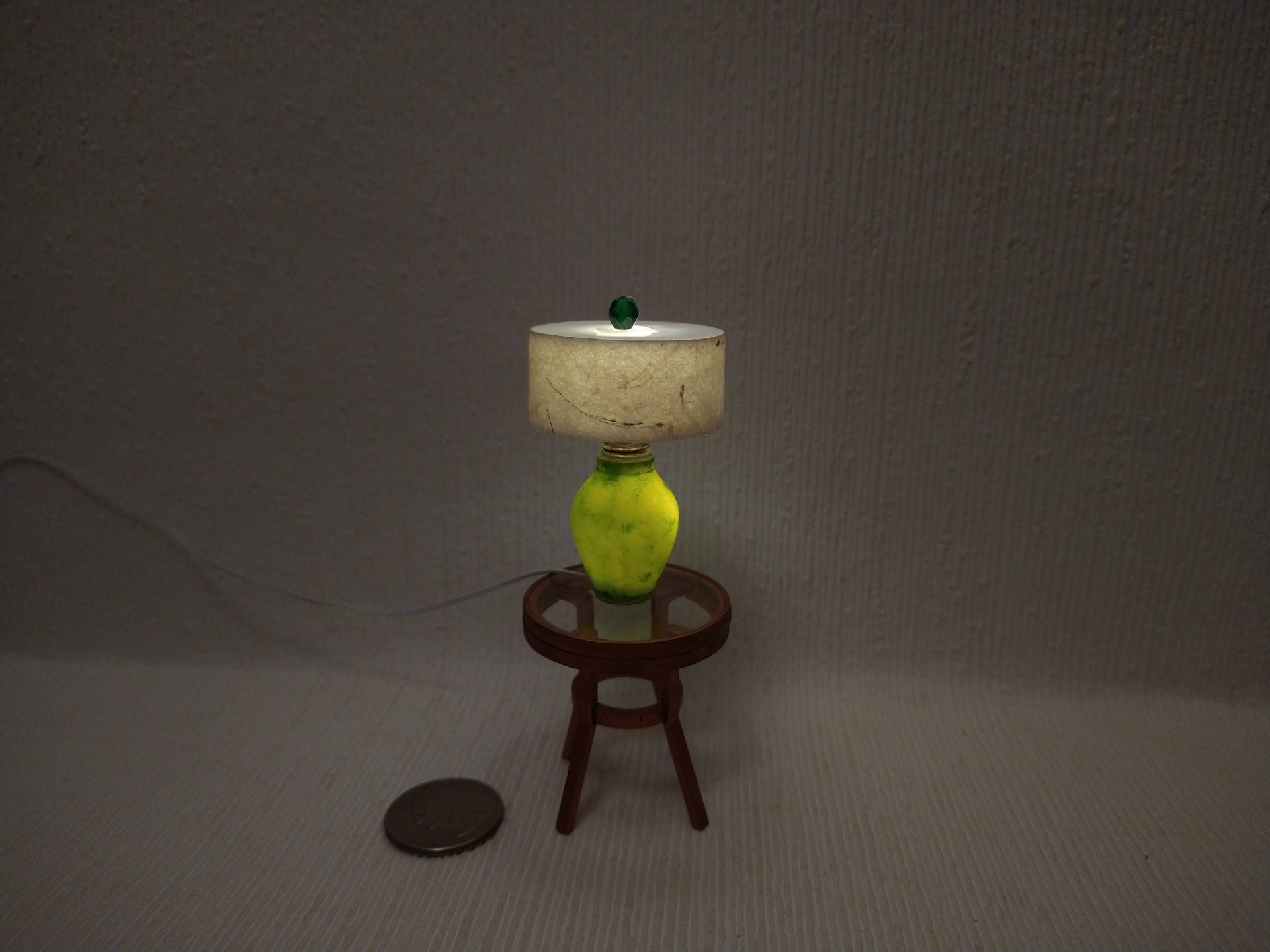 1:12 Dollhouse table lamp white drum shade and light up green vase Battery operated minaiture LED lamp with external wires
