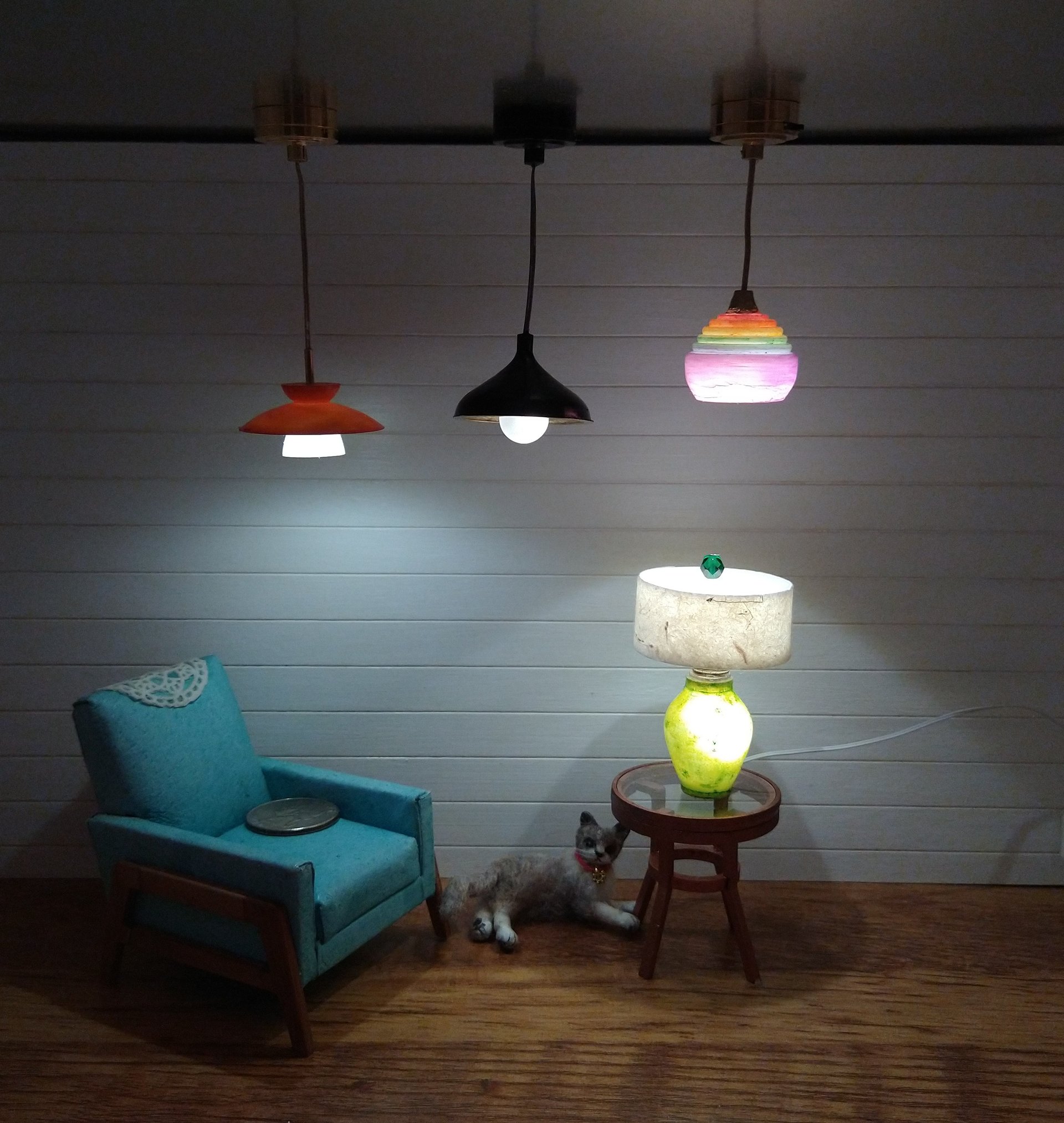 1:12 Dollhouse table lamp white drum shade and light up green vase Battery operated minaiture LED lamp with external wires