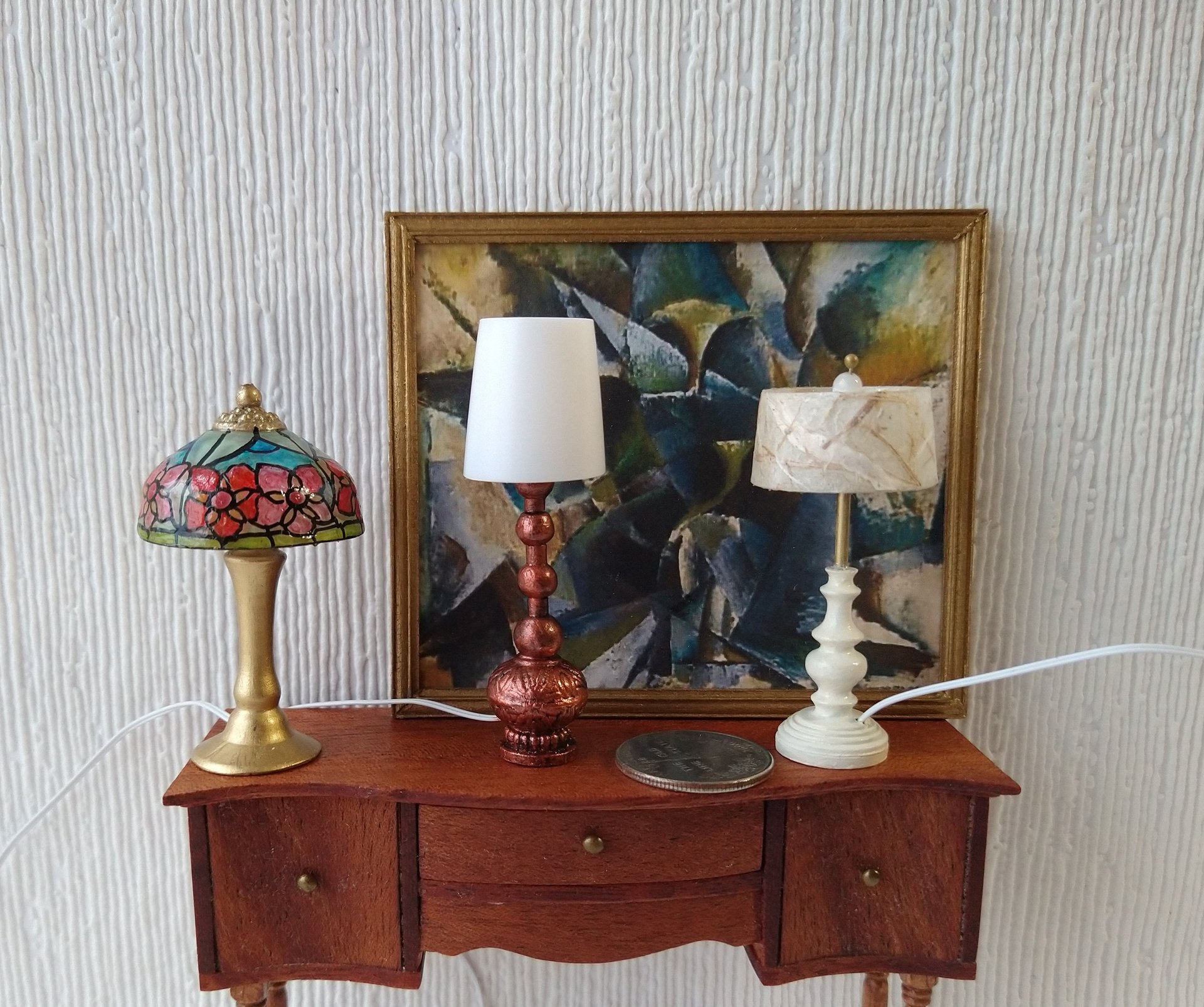 1:12 dollhouse handcrafted faux stained glass table lamp Battery operated miniature LED lamp Tiffany style lamp with external wires