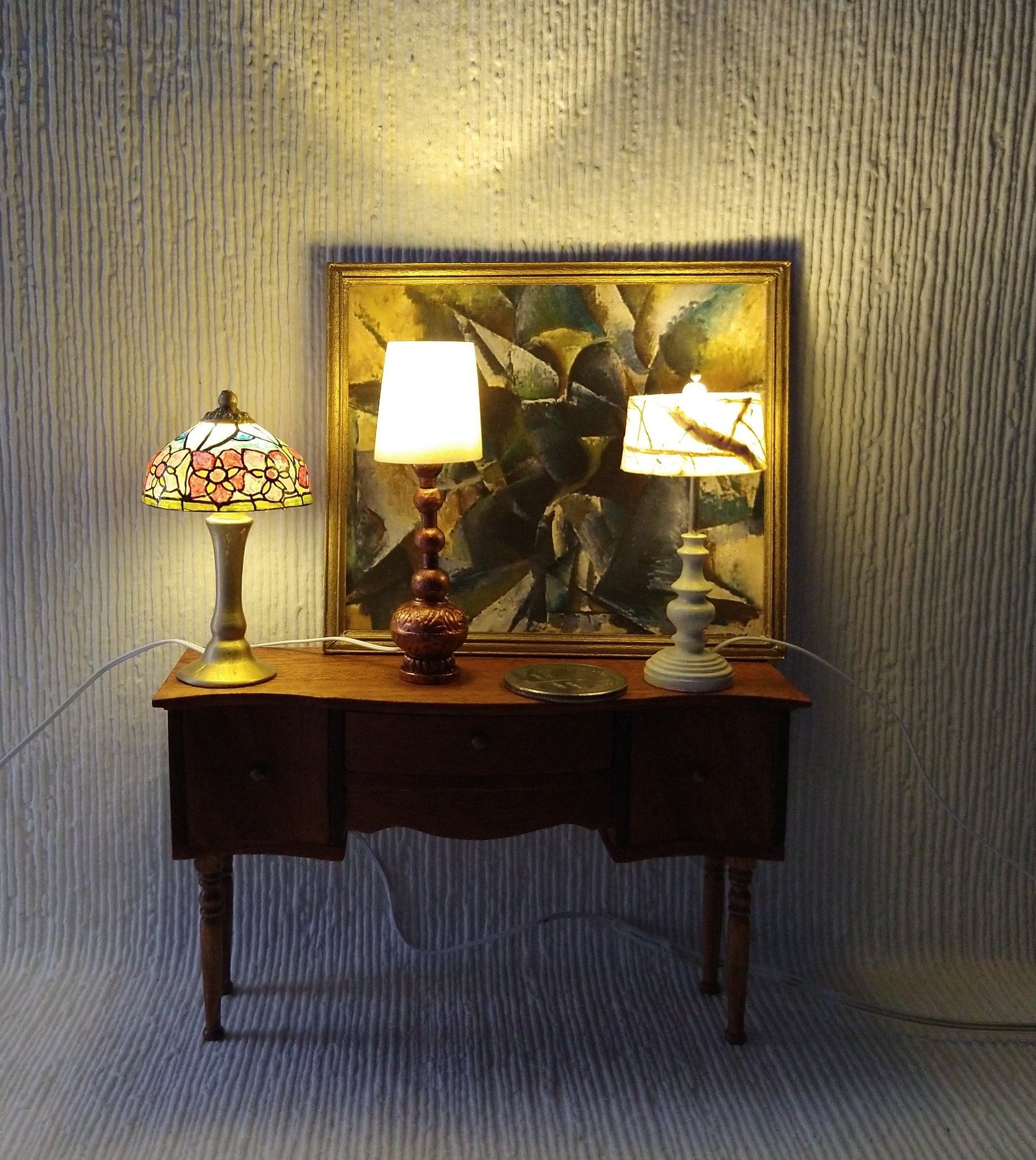 1:12 Dollhouse table lamp with white shade Battery operated minaiture LED console lamp with external wires