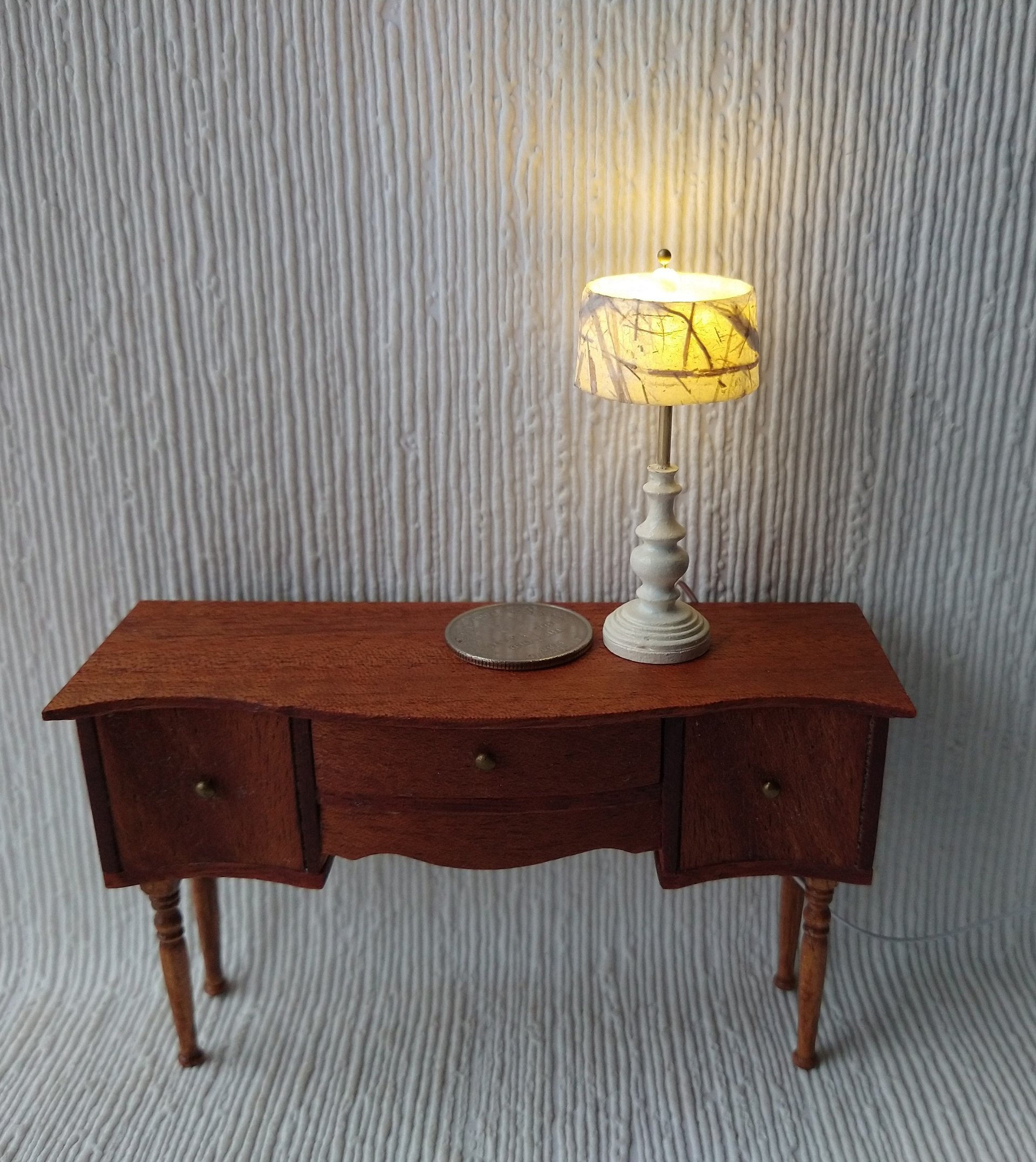 1:12 Dollhouse table lamp with translucent shade covered with handmade paper Battery operated minaiture LED console lamp with external wires