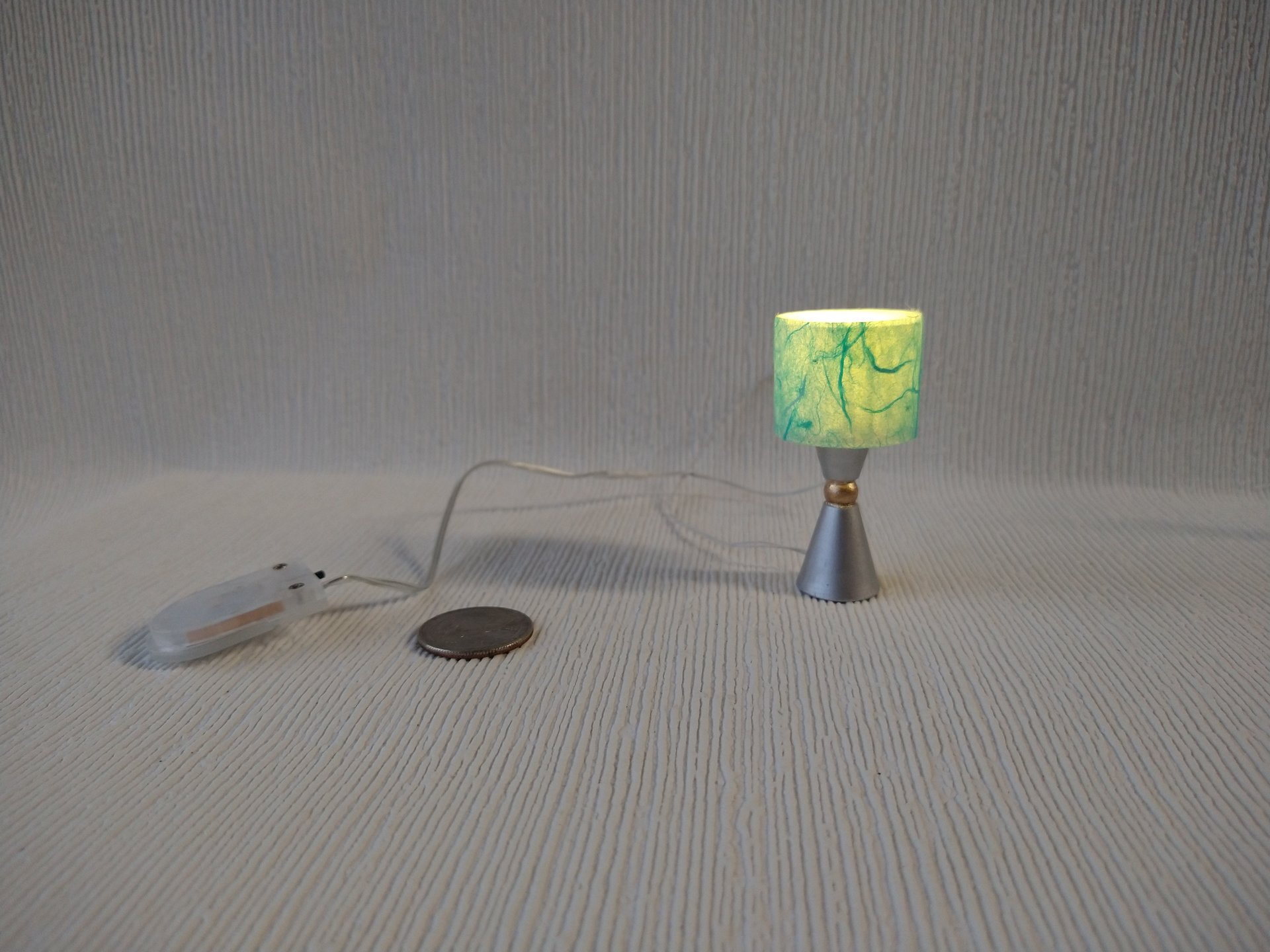 1:12 dollhouse atomic style table lamp teal shade with double cones and orb center Battery operated mid-century inspired table lamp Price is for One unit