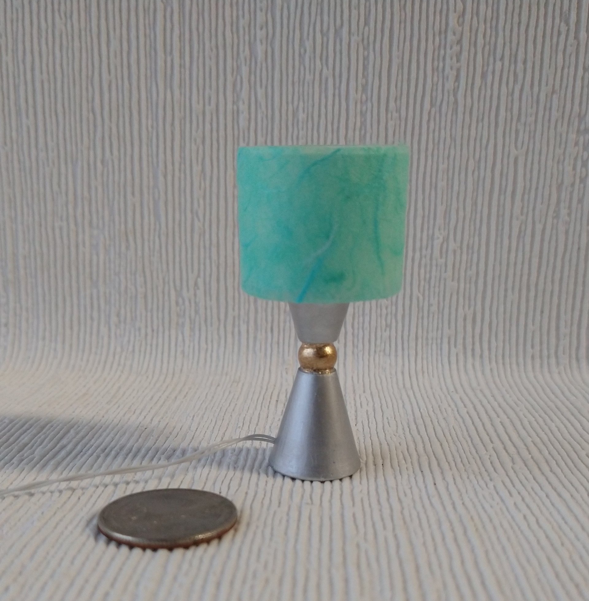 1:12 dollhouse atomic style table lamp teal shade with double cones and orb center Battery operated mid-century inspired table lamp Price is for One unit