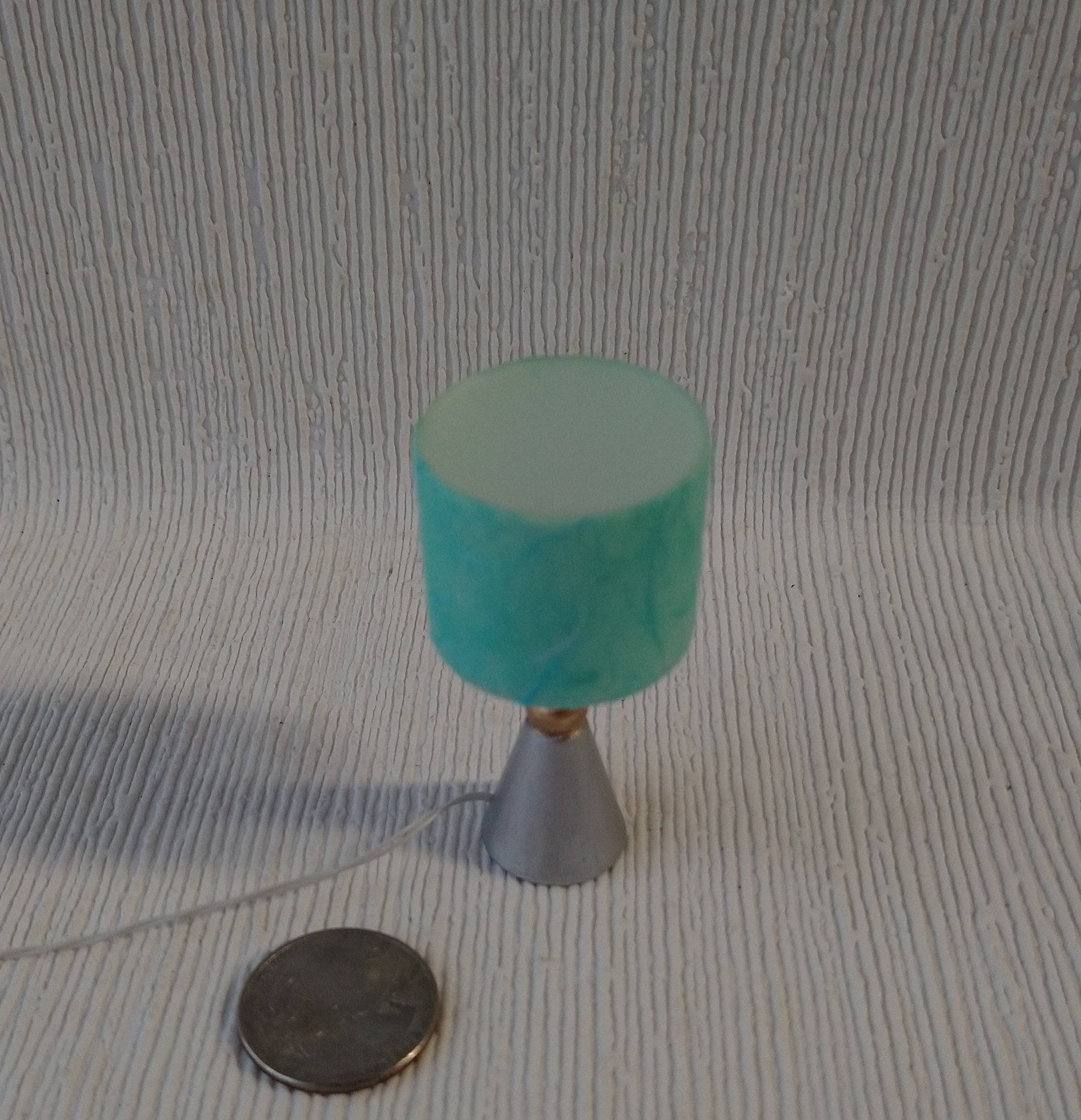 1:12 dollhouse atomic style table lamp teal shade with double cones and orb center Battery operated mid-century inspired table lamp Price is for One unit