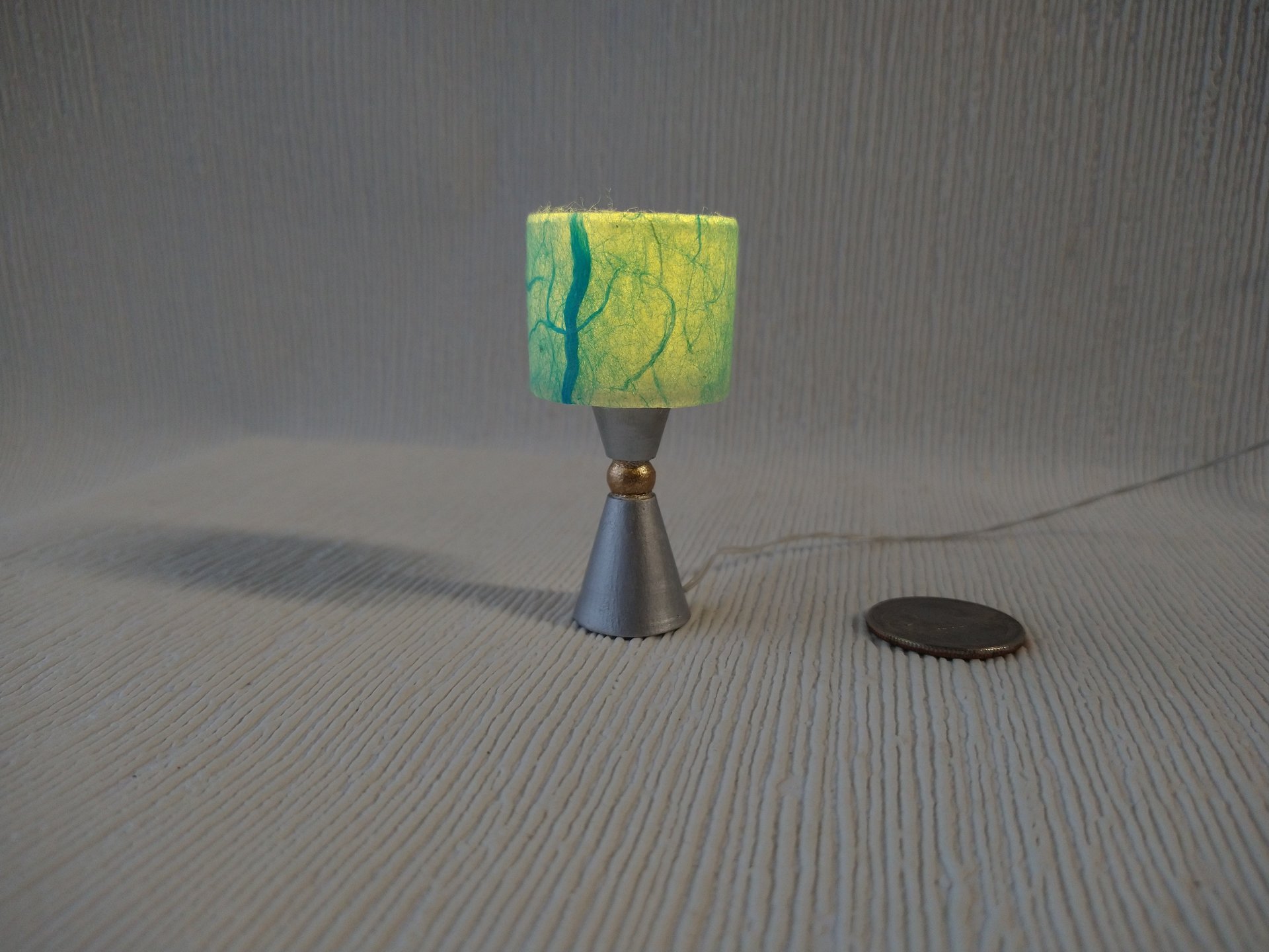 1:12 dollhouse atomic style table lamp teal shade with double cones and orb center Battery operated mid-century inspired table lamp Price is for One unit