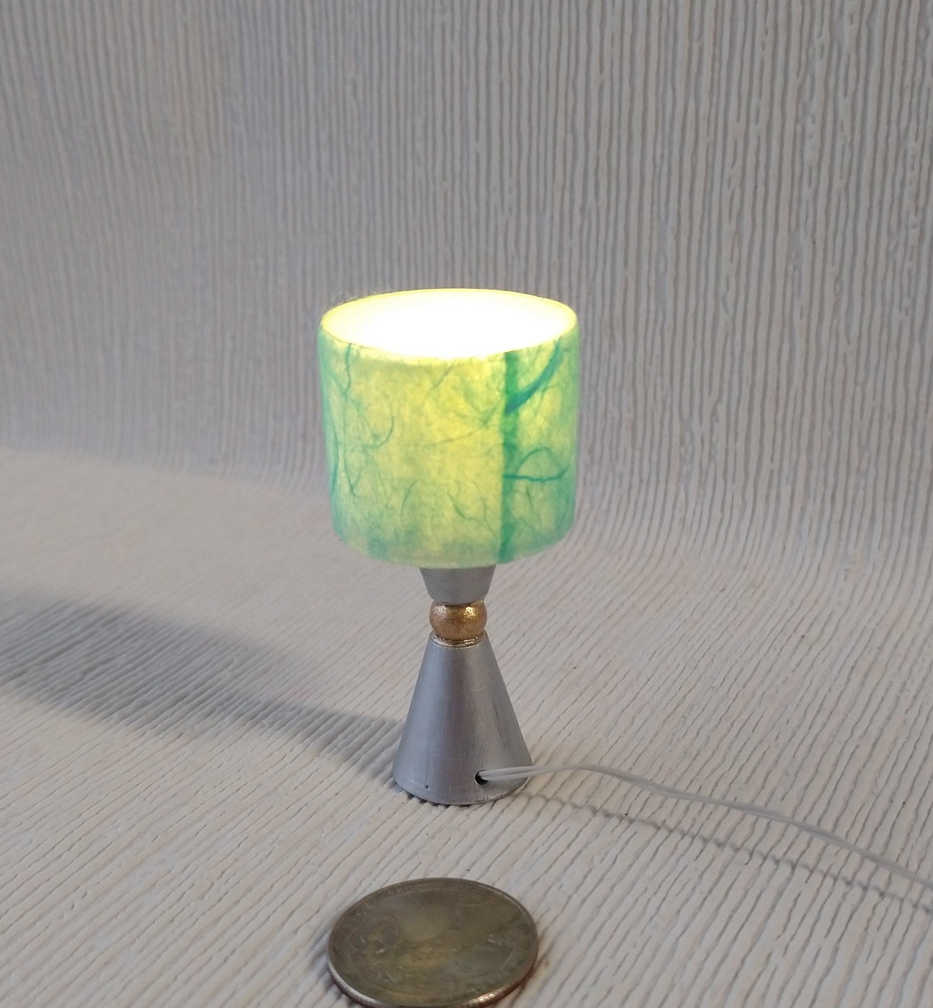 1:12 dollhouse atomic style table lamp teal shade with double cones and orb center Battery operated mid-century inspired table lamp Price is for One unit
