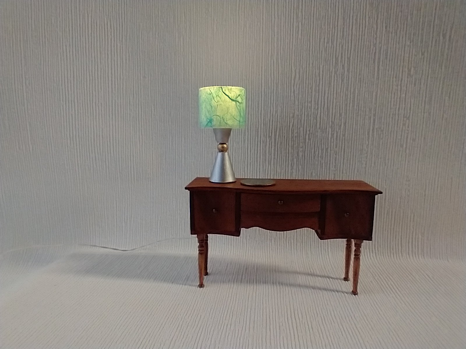 1:12 dollhouse atomic style table lamp teal shade with double cones and orb center Battery operated mid-century inspired table lamp Price is for One unit