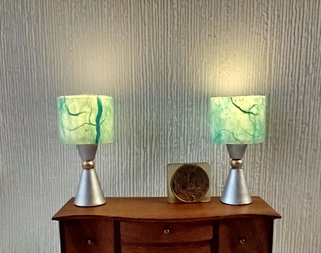 1:12 dollhouse atomic style table lamp teal shade with double cones and orb center Battery operated mid-century inspired table lamp Price is for One unit