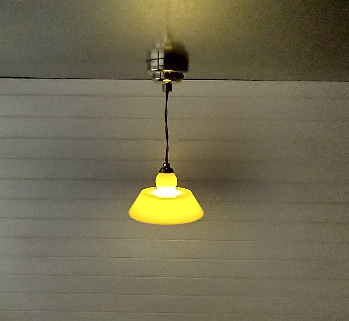 1:12 dollhouse miniature yellow pendant light with white inner shade Battery operated mid-century inspired ceiling light MCM styled light