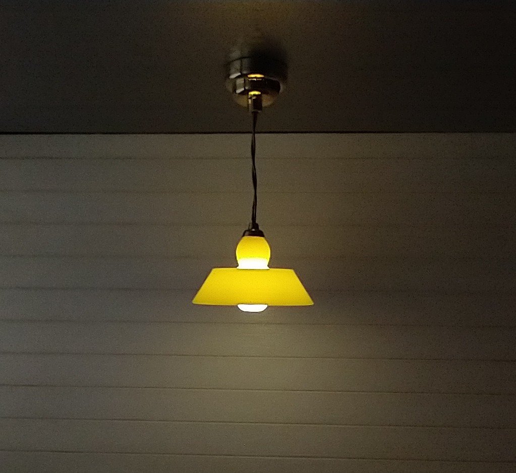 1:12 dollhouse miniature yellow pendant light with white inner shade Battery operated mid-century inspired ceiling light MCM styled light