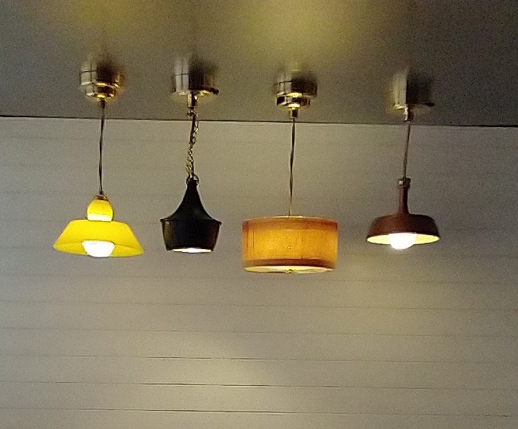 1:12 dollhouse miniature yellow pendant light with white inner shade Battery operated mid-century inspired ceiling light MCM styled light