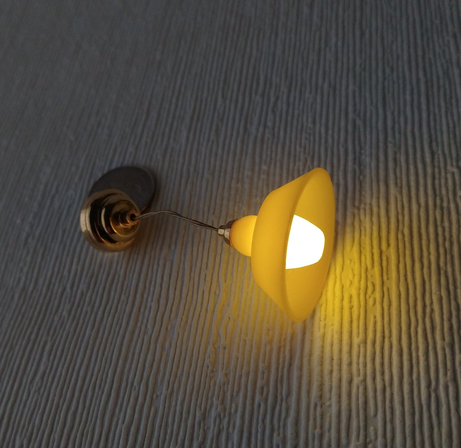 1:12 dollhouse miniature yellow pendant light with white inner shade Battery operated mid-century inspired ceiling light MCM styled light