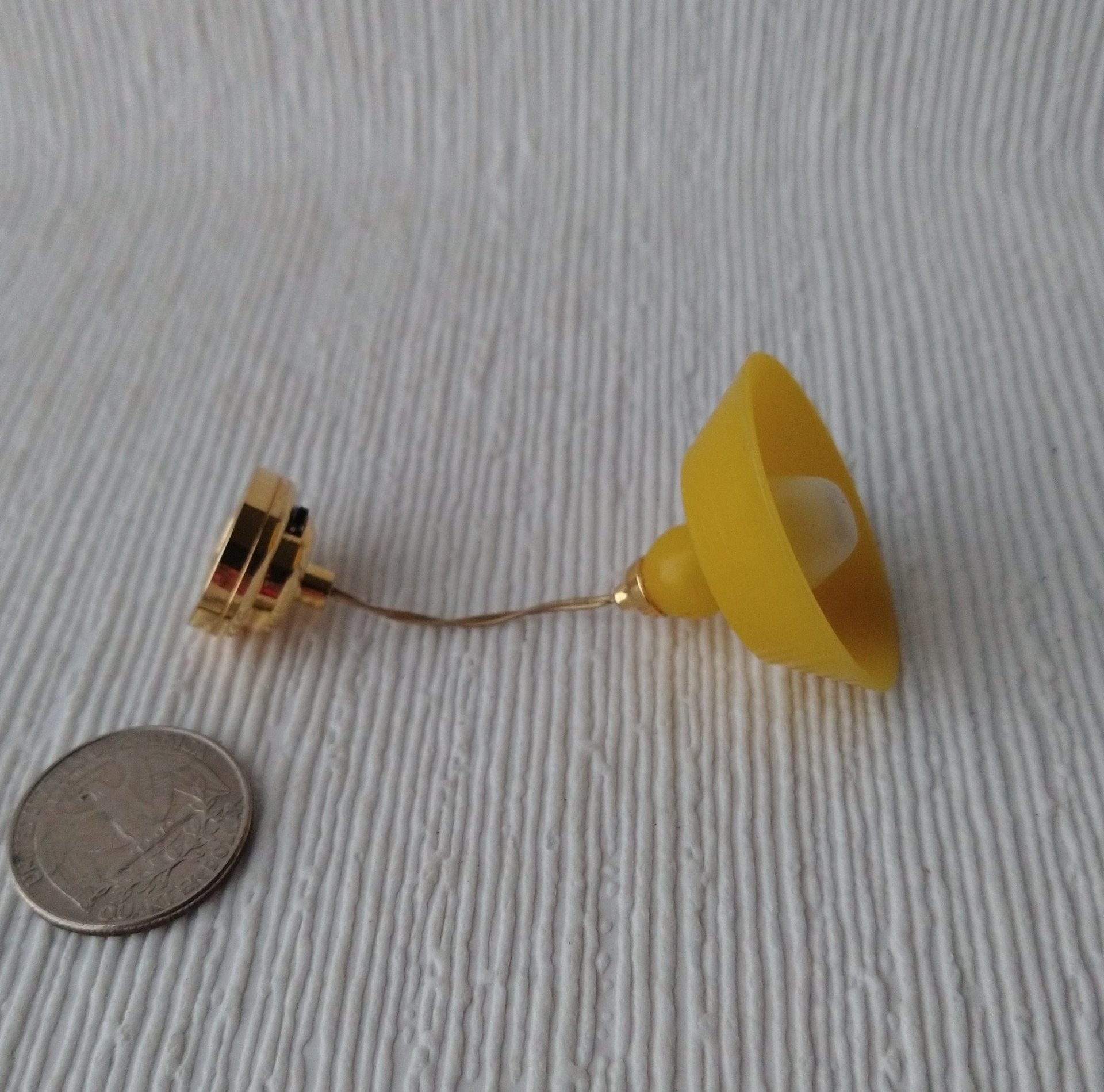 1:12 dollhouse miniature yellow pendant light with white inner shade Battery operated mid-century inspired ceiling light MCM styled light