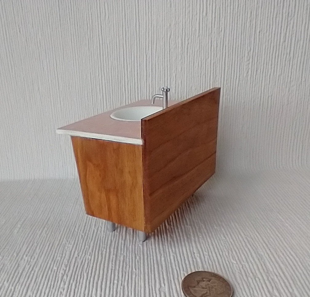 1:12 Dollhouse mid-century styled bath single sink vanity cabinet Angled cabinet with undermount sink with backsplash and sliding doors