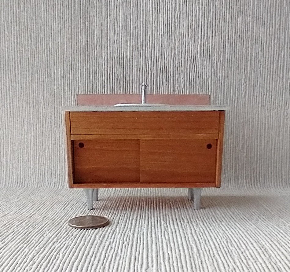 1:12 Dollhouse mid-century styled bath single sink vanity cabinet Angled cabinet with undermount sink with backsplash and sliding doors