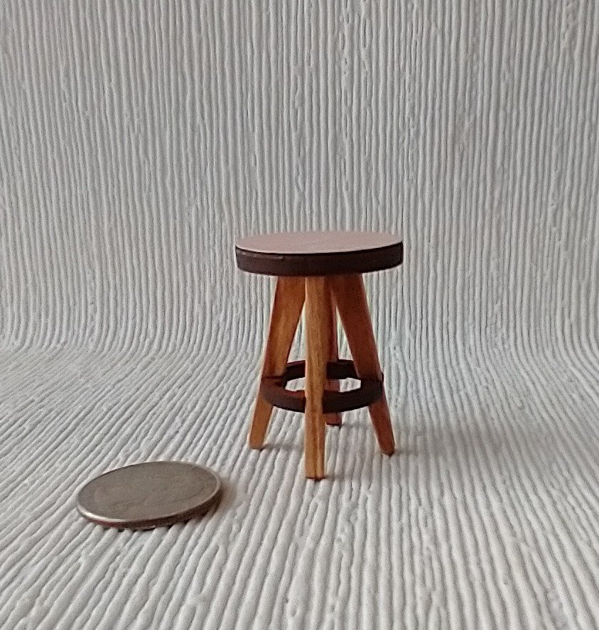1:12 Dollhouse bath stool with pink laminate seat and solid cherry legs
