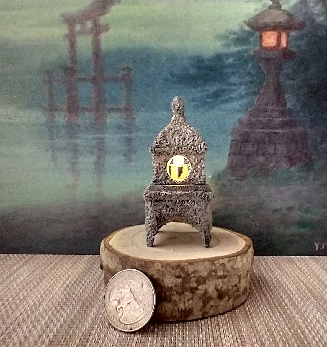 RESERVED Dollhouse miniature Japanese style stone lantern light Battery operated faux stone lantern no external wires