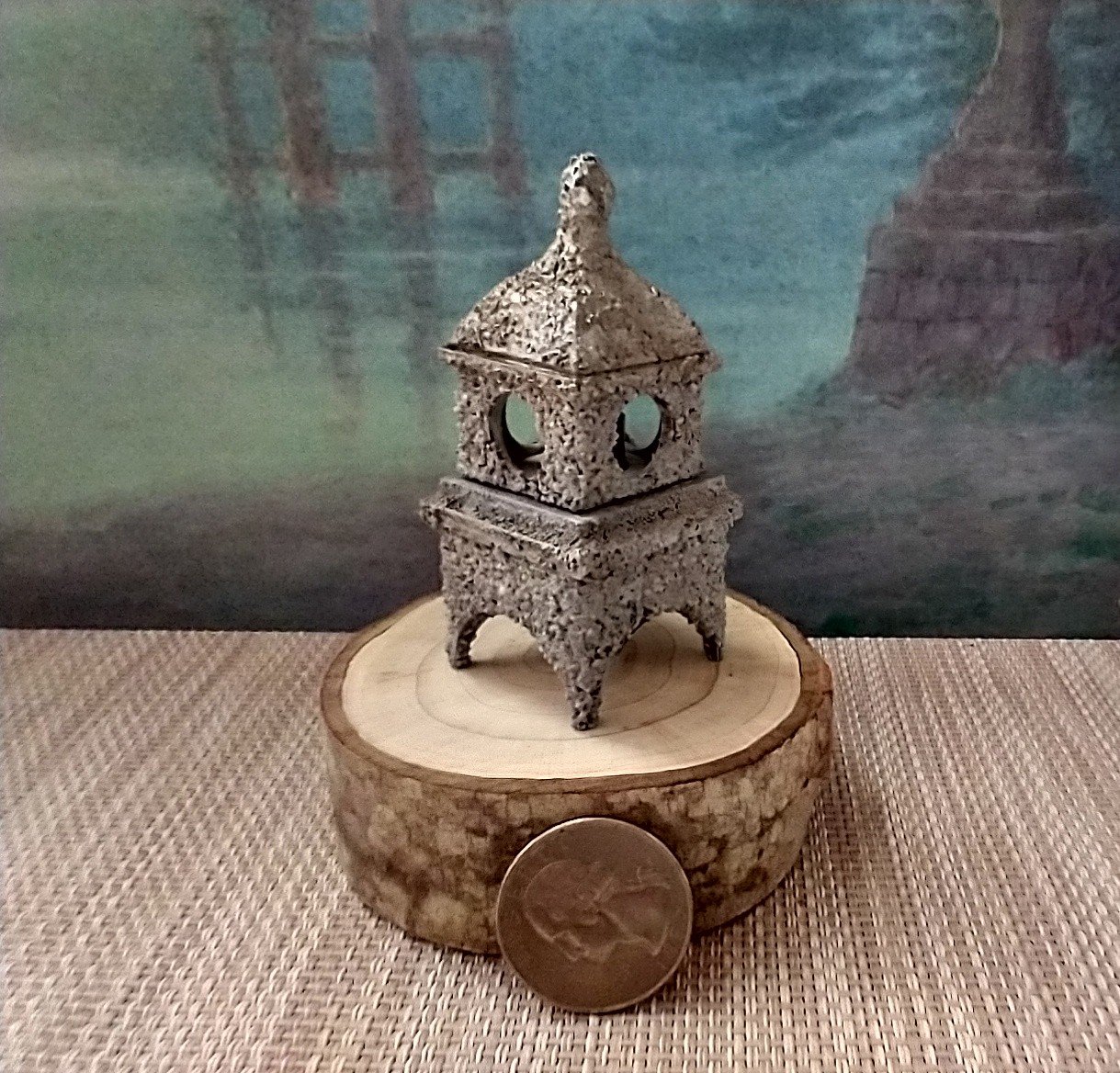 RESERVED Dollhouse miniature Japanese style stone lantern light Battery operated faux stone lantern no external wires
