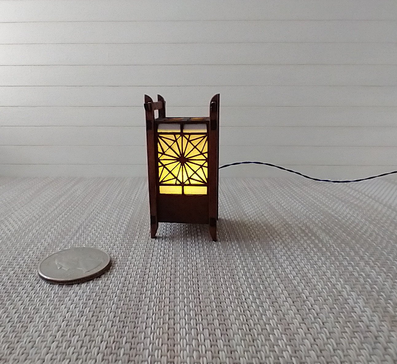 RESERVED 1:12 Dollhouse miniature kumiko style table or floor lamp Battery operated Japanese style lantern lamp on external wires