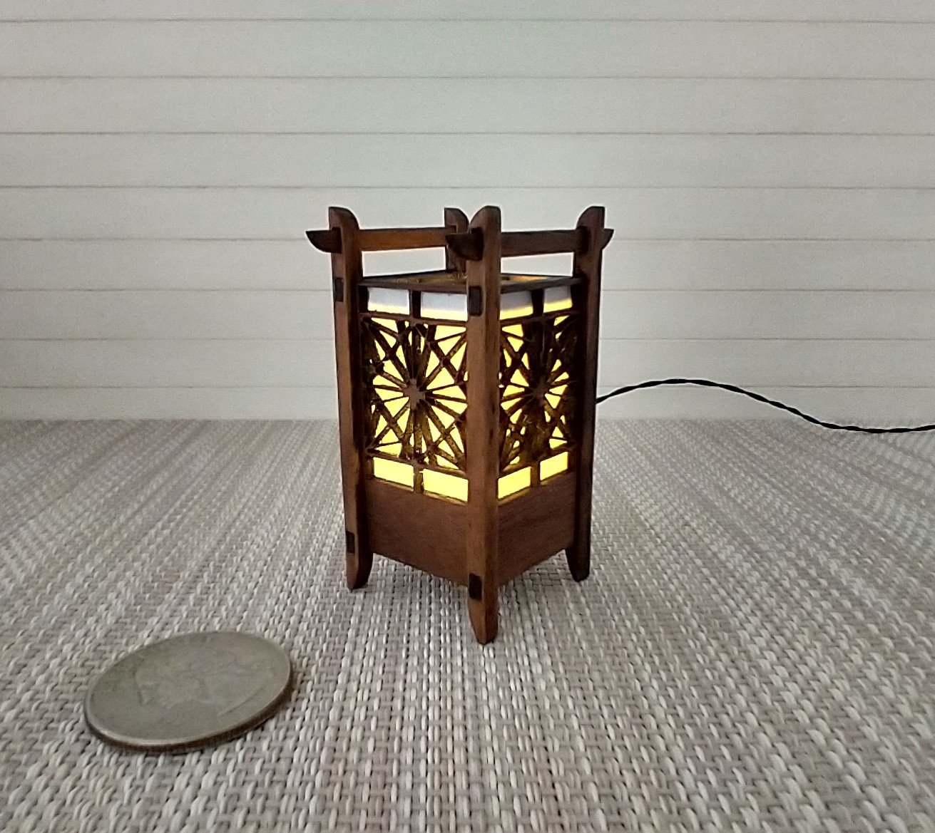 RESERVED 1:12 Dollhouse miniature kumiko style table or floor lamp Battery operated Japanese style lantern lamp on external wires