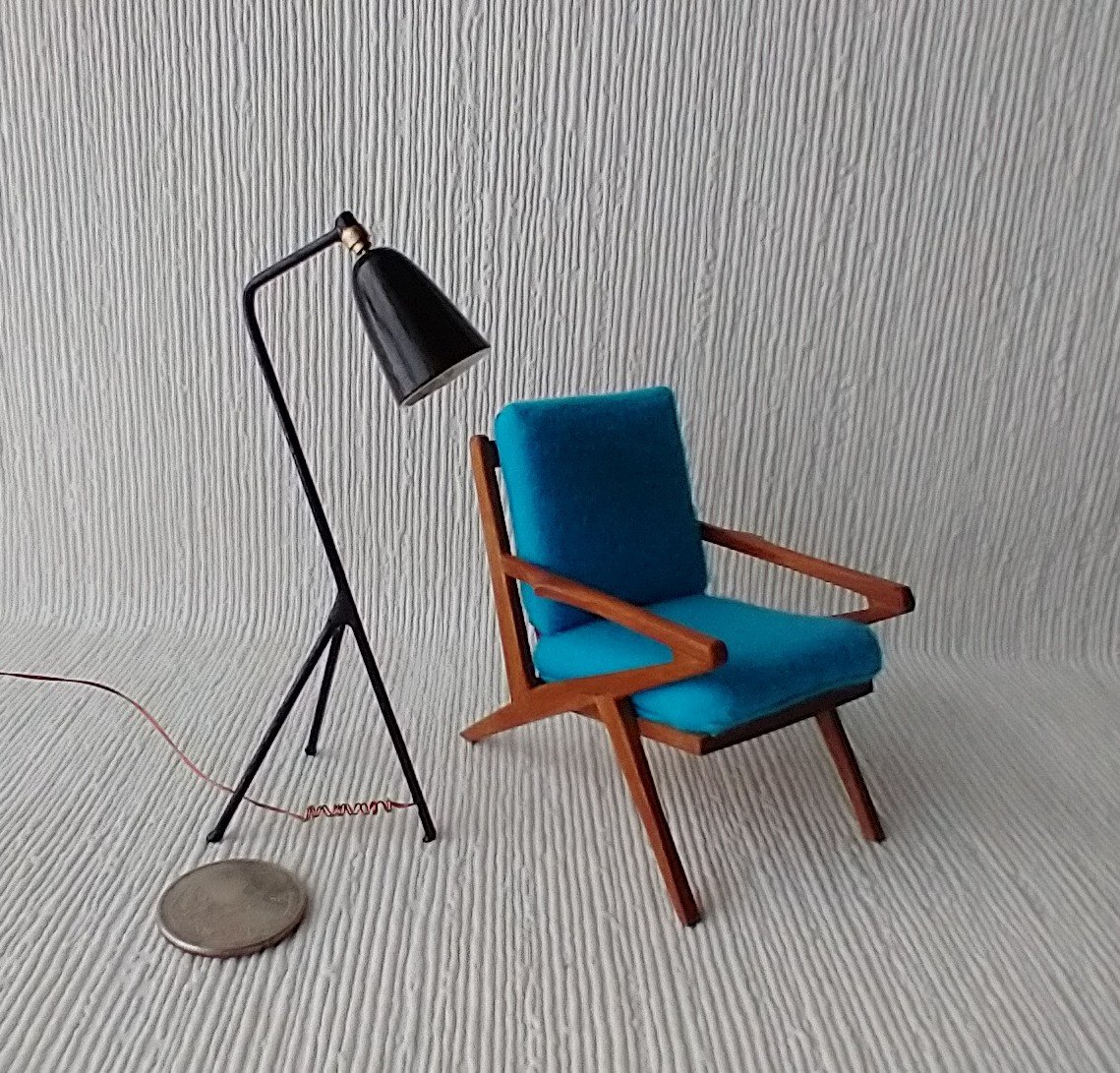 1:12 Dollhouse mid-century styled floor lamp Black tripod floor lamp Battery operated LED lamp with external wires