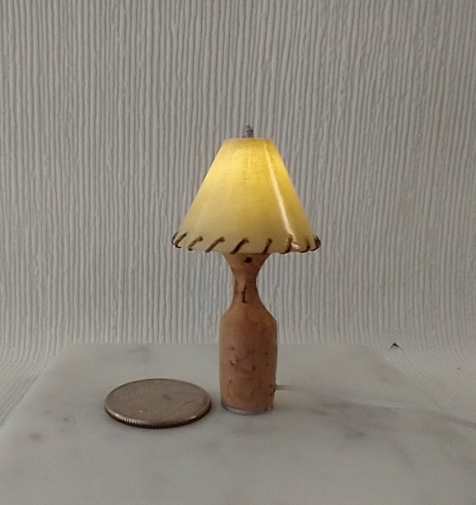 RESERVED 1:12 dollhouse mid-century styled table lamp cork vase laced shade Battery operated MCM dollhouse table lamp