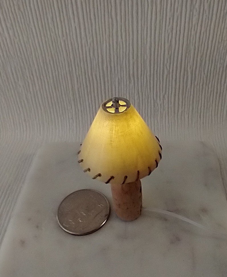 RESERVED 1:12 dollhouse mid-century styled table lamp cork vase laced shade Battery operated MCM dollhouse table lamp