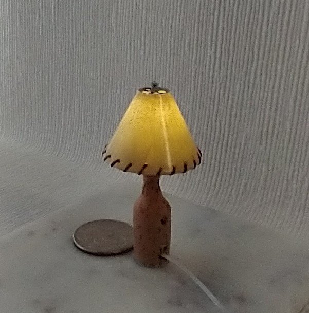 RESERVED 1:12 dollhouse mid-century styled table lamp cork vase laced shade Battery operated MCM dollhouse table lamp