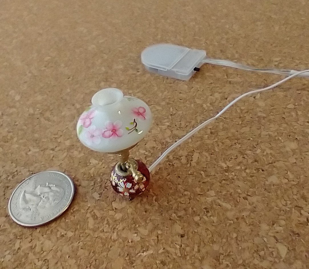 1:12 scale miniature hurricane lamp white shade red glass base with cherry blossoms (sakura in Japanese) Battery operated vintage style table lamp on external wires