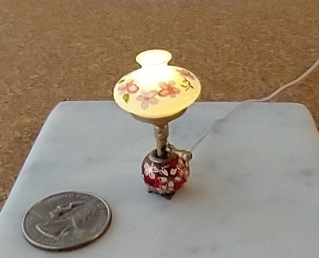 1:12 scale miniature hurricane lamp white shade red glass base with cherry blossoms (sakura in Japanese) Battery operated vintage style table lamp on external wires