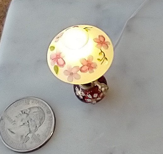 1:12 scale miniature hurricane lamp white shade red glass base with cherry blossoms (sakura in Japanese) Battery operated vintage style table lamp on external wires
