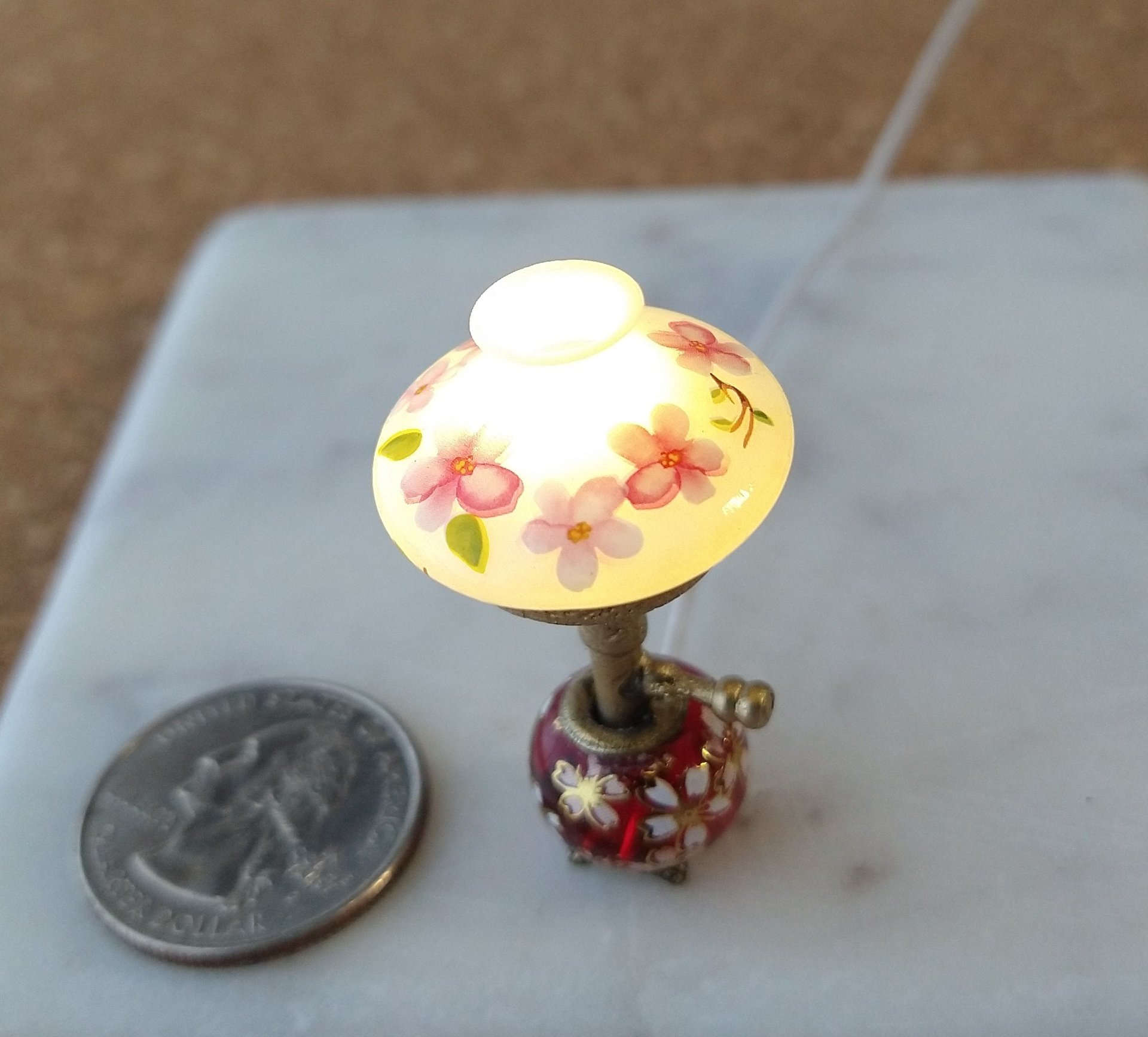 1:12 scale miniature hurricane lamp white shade red glass base with cherry blossoms (sakura in Japanese) Battery operated vintage style table lamp on external wires