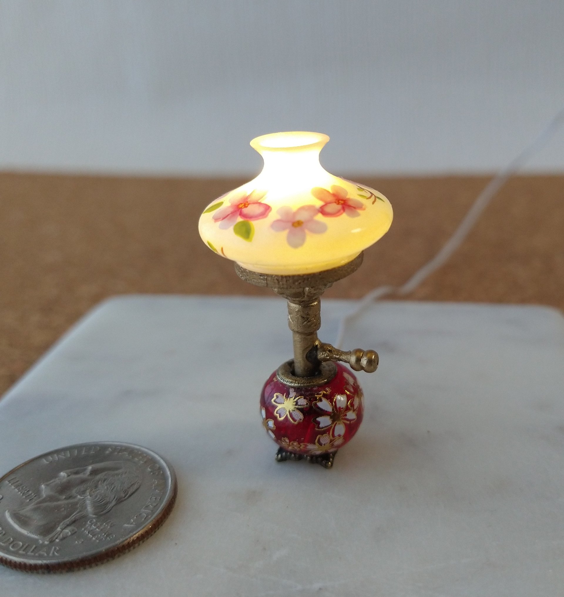 1:12 scale miniature hurricane lamp white shade red glass base with cherry blossoms (sakura in Japanese) Battery operated vintage style table lamp on external wires