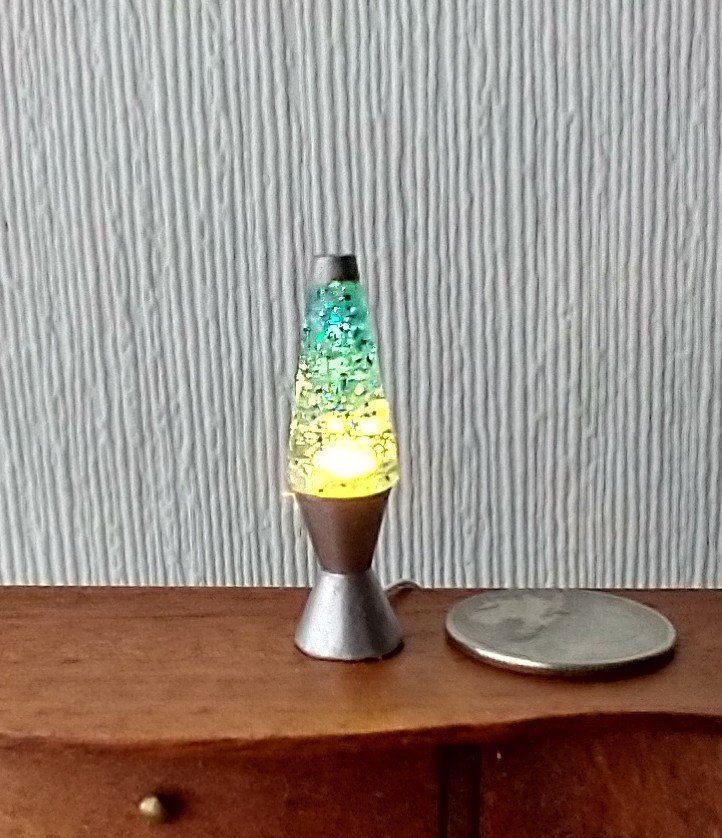 1:12 Dollhouse miniature retro lava lamp Battery operated LED table lamp MCM style with external wires - blue glitter