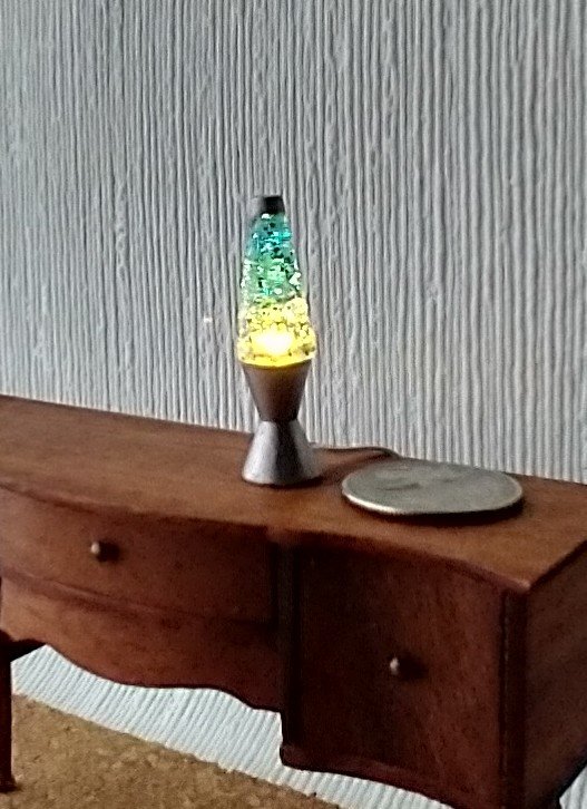 1:12 Dollhouse miniature retro lava lamp Battery operated LED table lamp MCM style with external wires - blue glitter